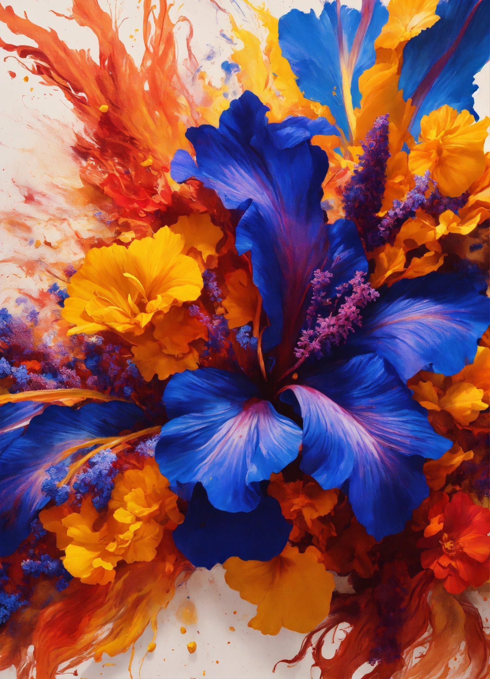 A Painting Of A Blue Flower With Orange And Yellow Flowers