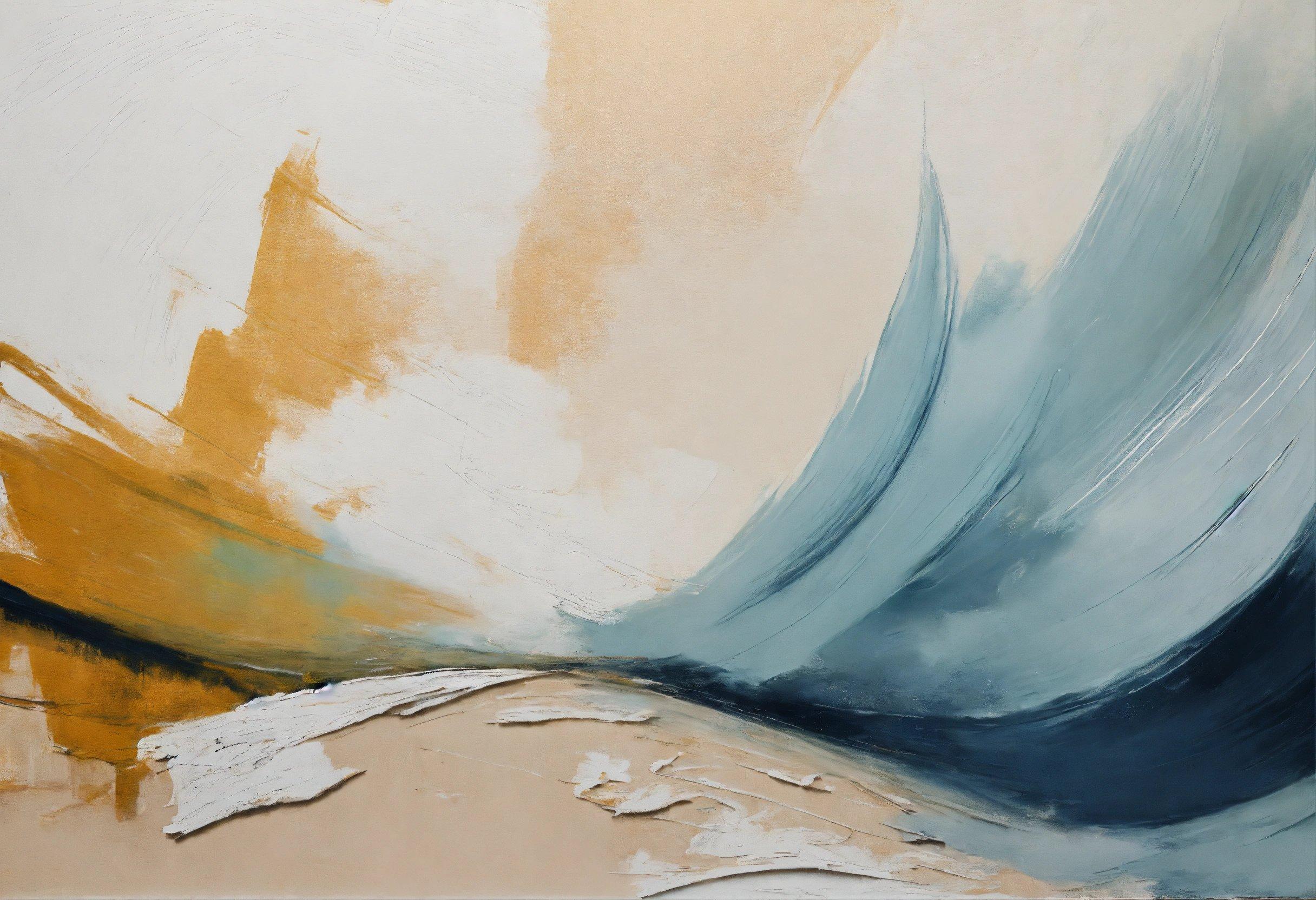 A Painting Of A Blue Wave On A White Wall