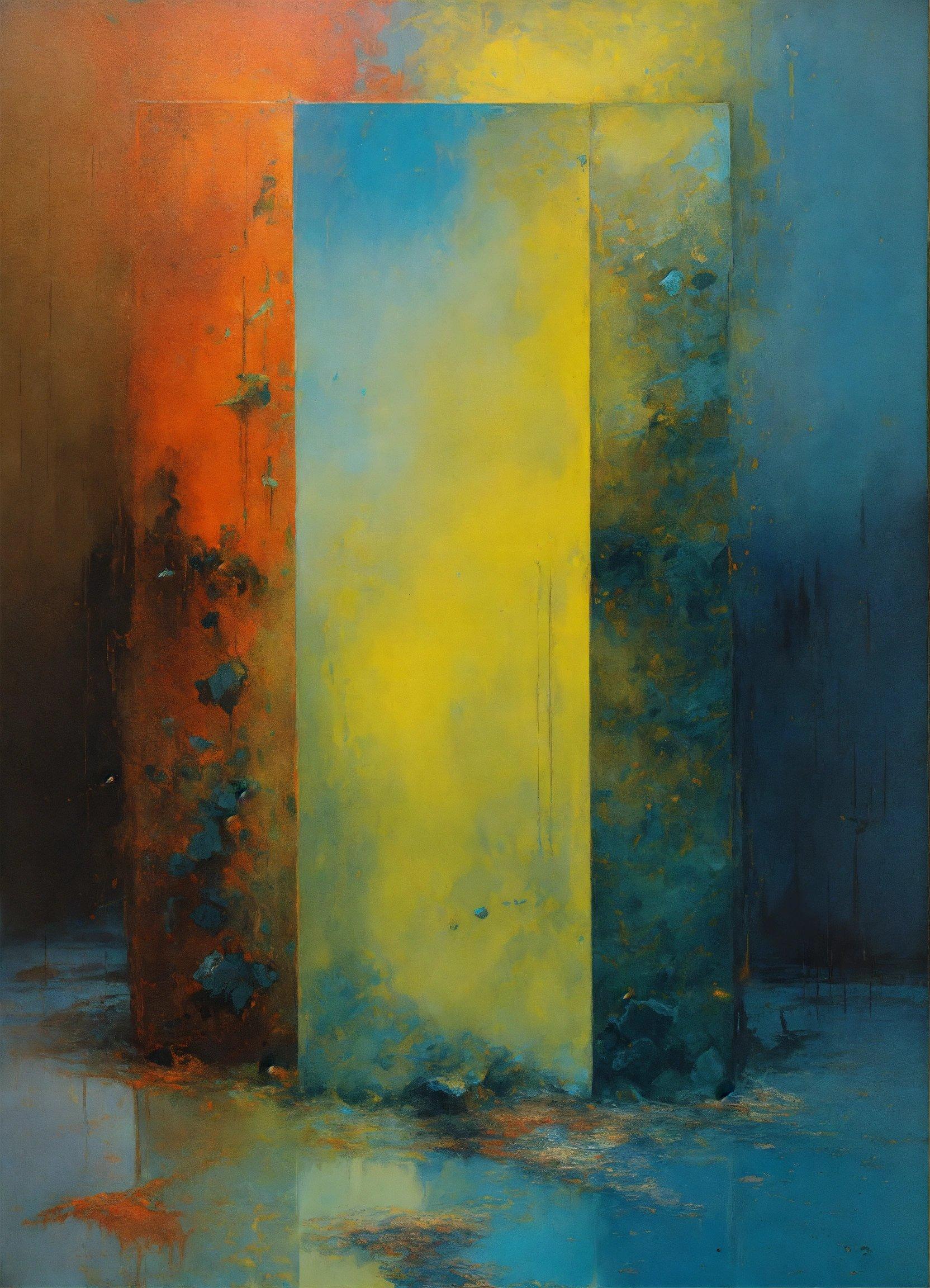 A Painting Of A Blue, Yellow, And Orange Structure