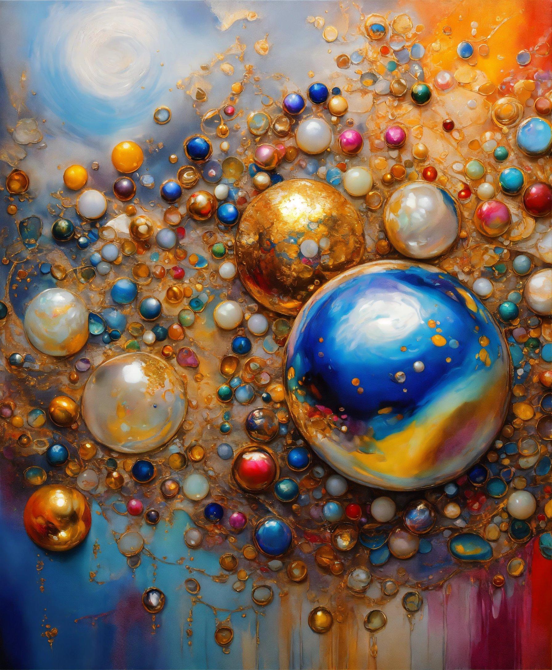 A Painting Of A Blue, Yellow, And Red Ball Surrounded By Bubbles