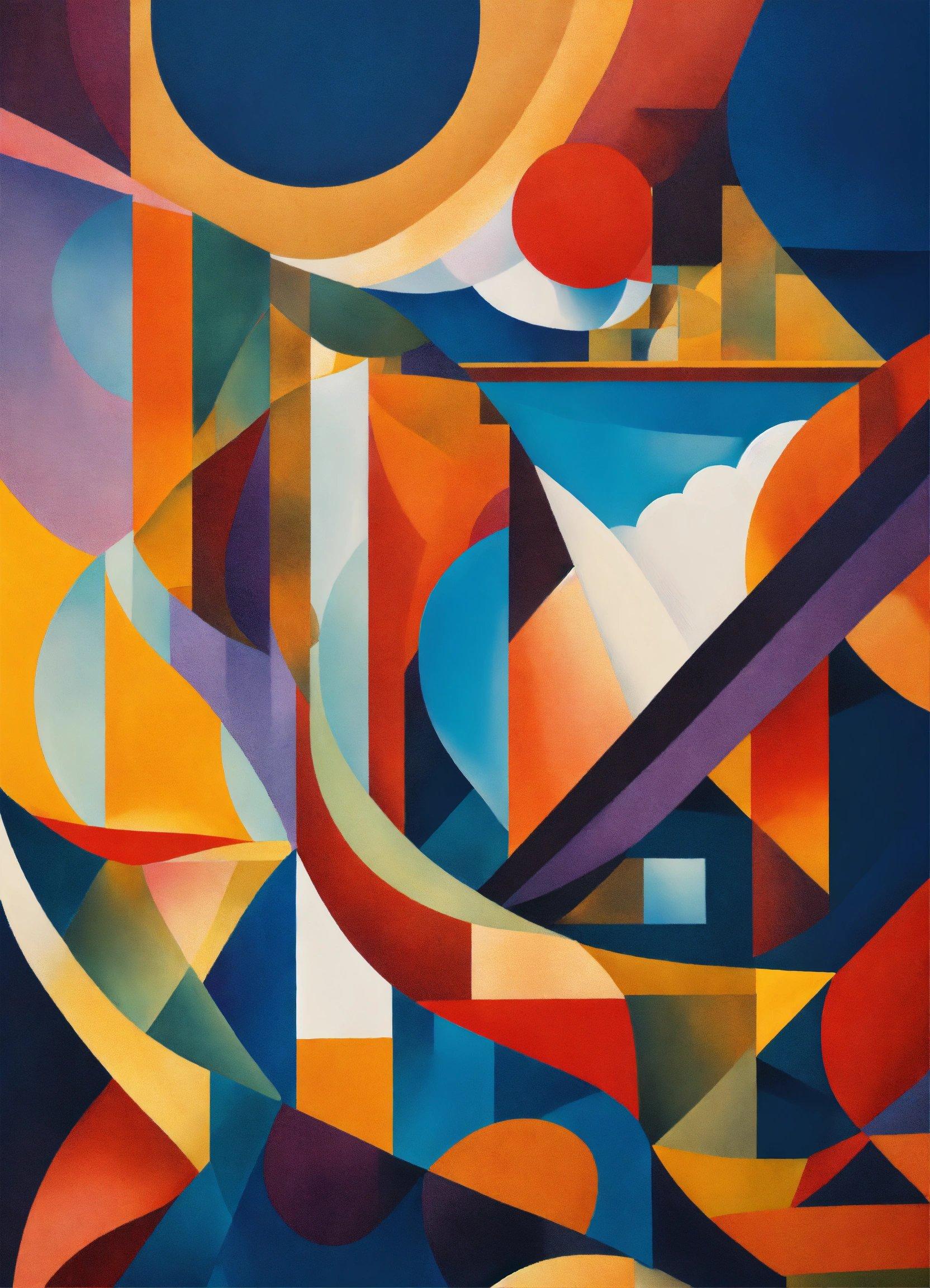 A Painting Of A Blue, Yellow, Red, And Orange Abstract Design