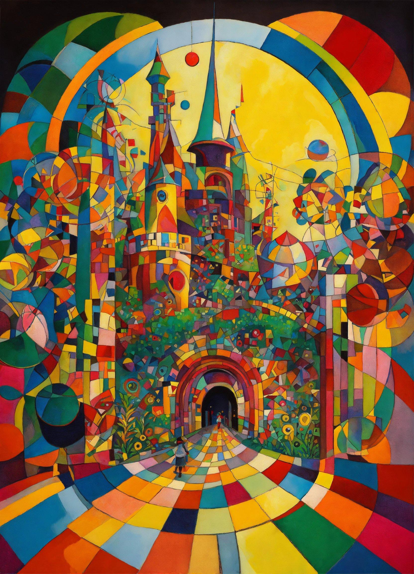 A Painting Of A Castle Surrounded By Colorful Shapes