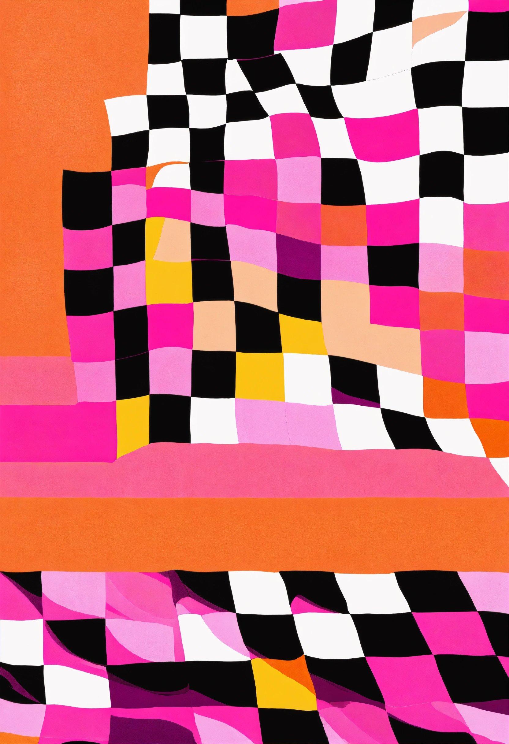 A Painting Of A Checkered Pattern On An Orange Background