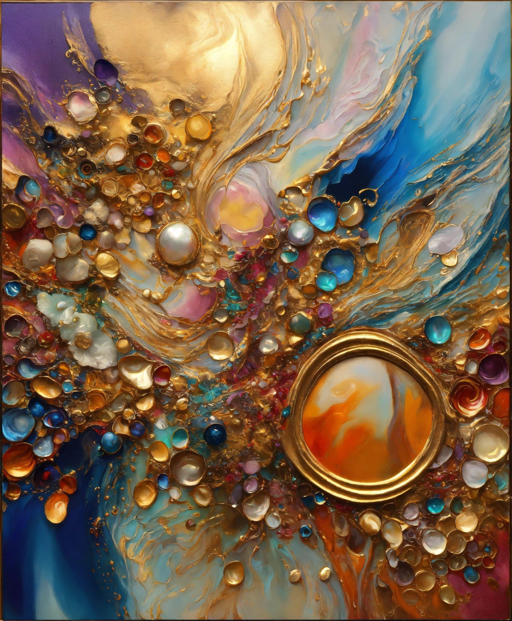 A Painting Of A Circular Object Surrounded By Bubbles