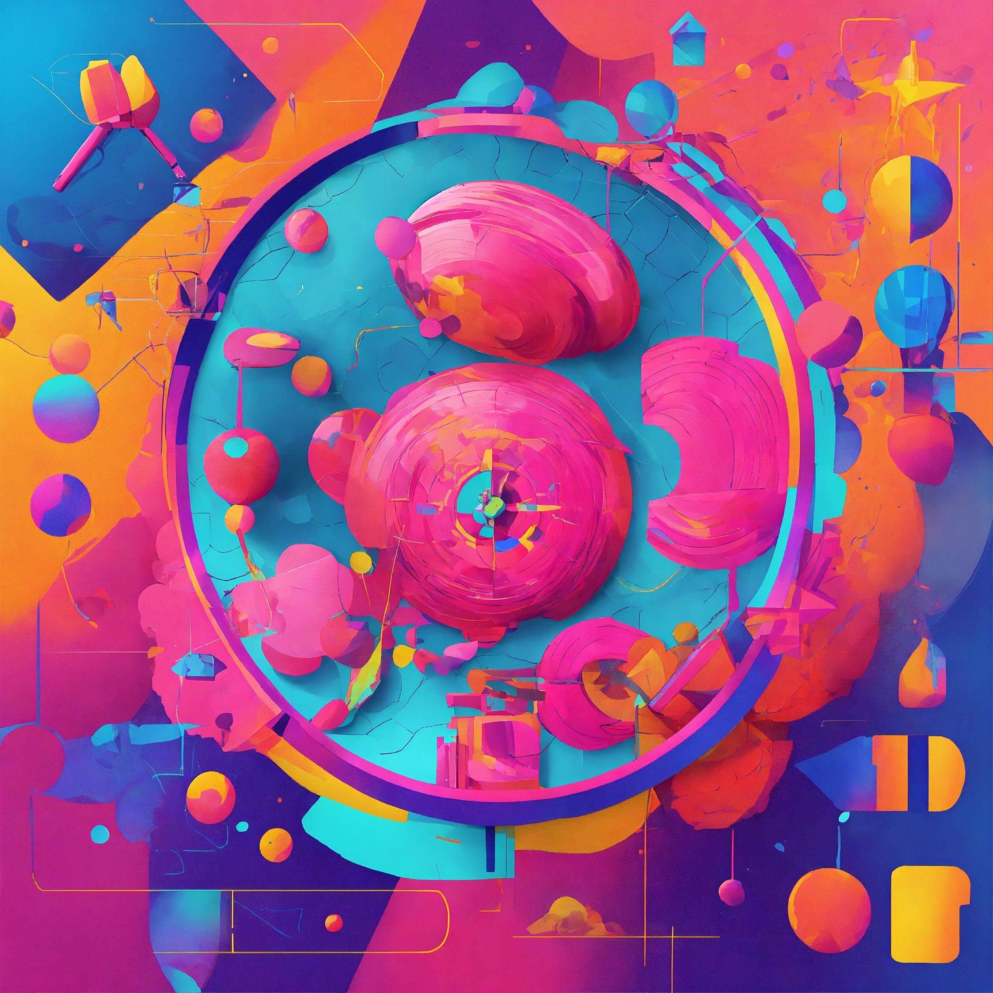 A Painting Of A Circular Object Surrounded By Colorful Shapes