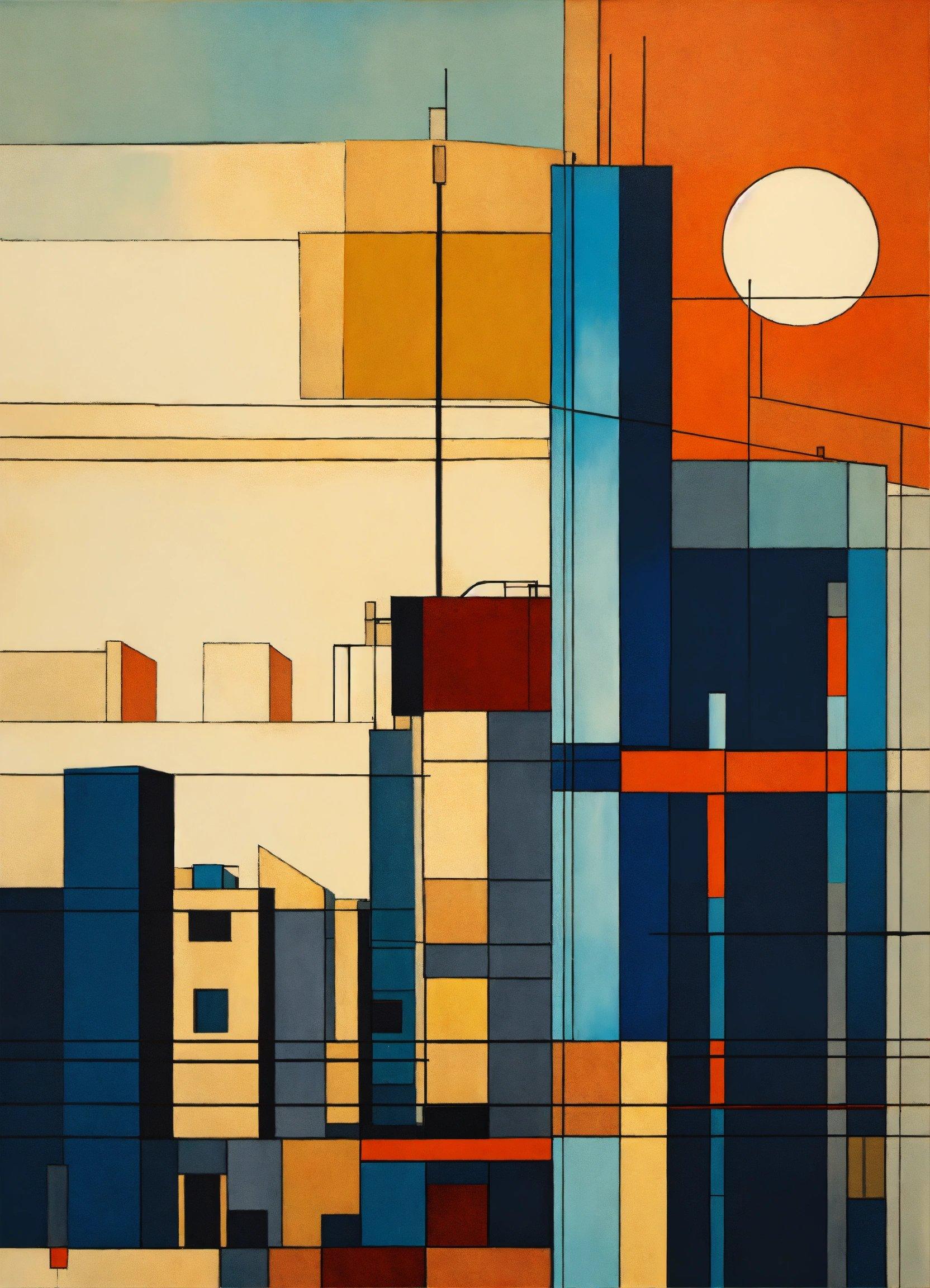 A Painting Of A City With Buildings And A Sun