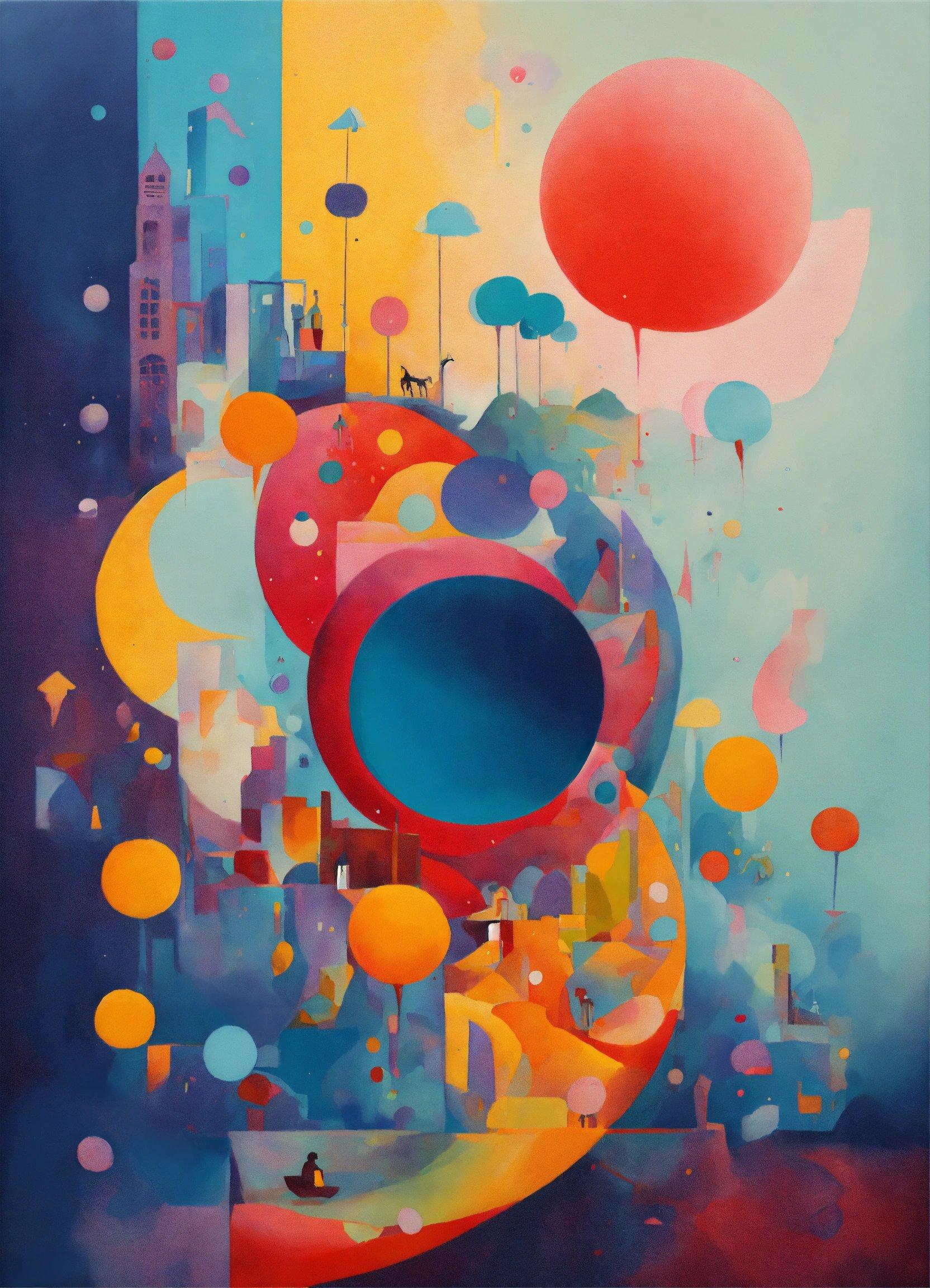 A Painting Of A City With Lots Of Balloons