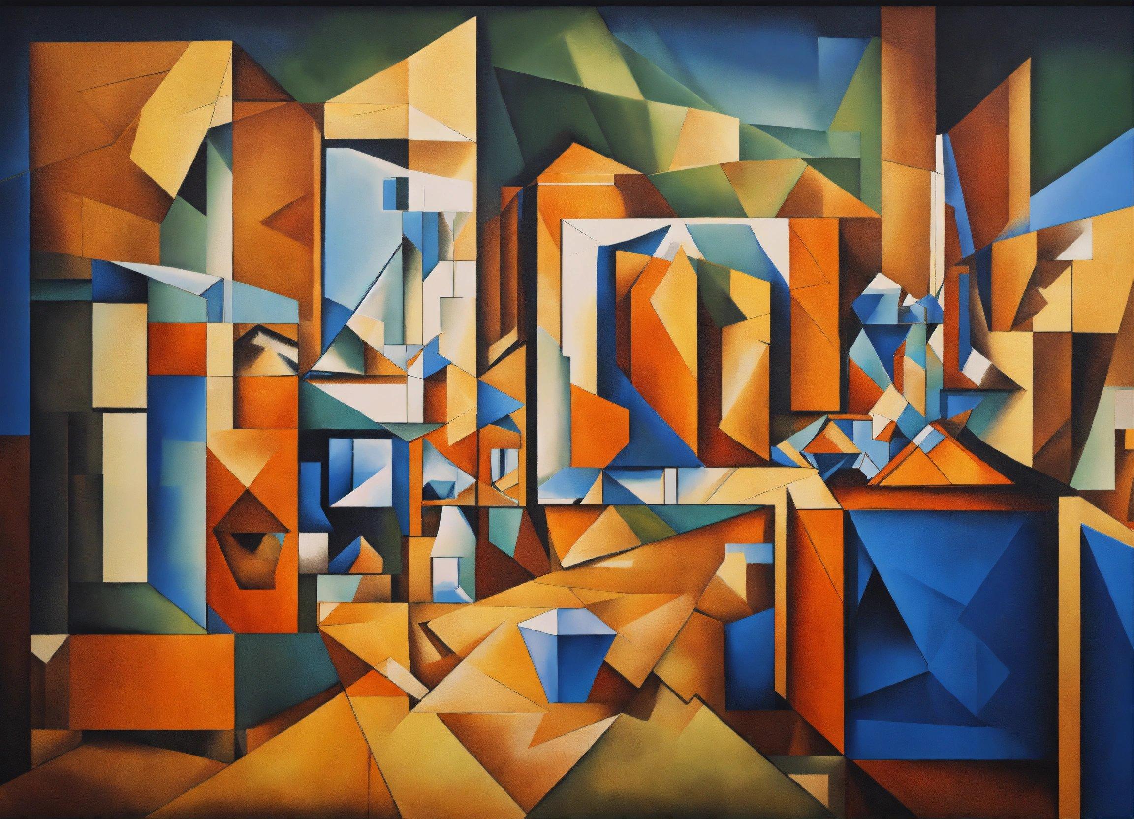 A Painting Of A Cityscape With Orange And Blue Colors