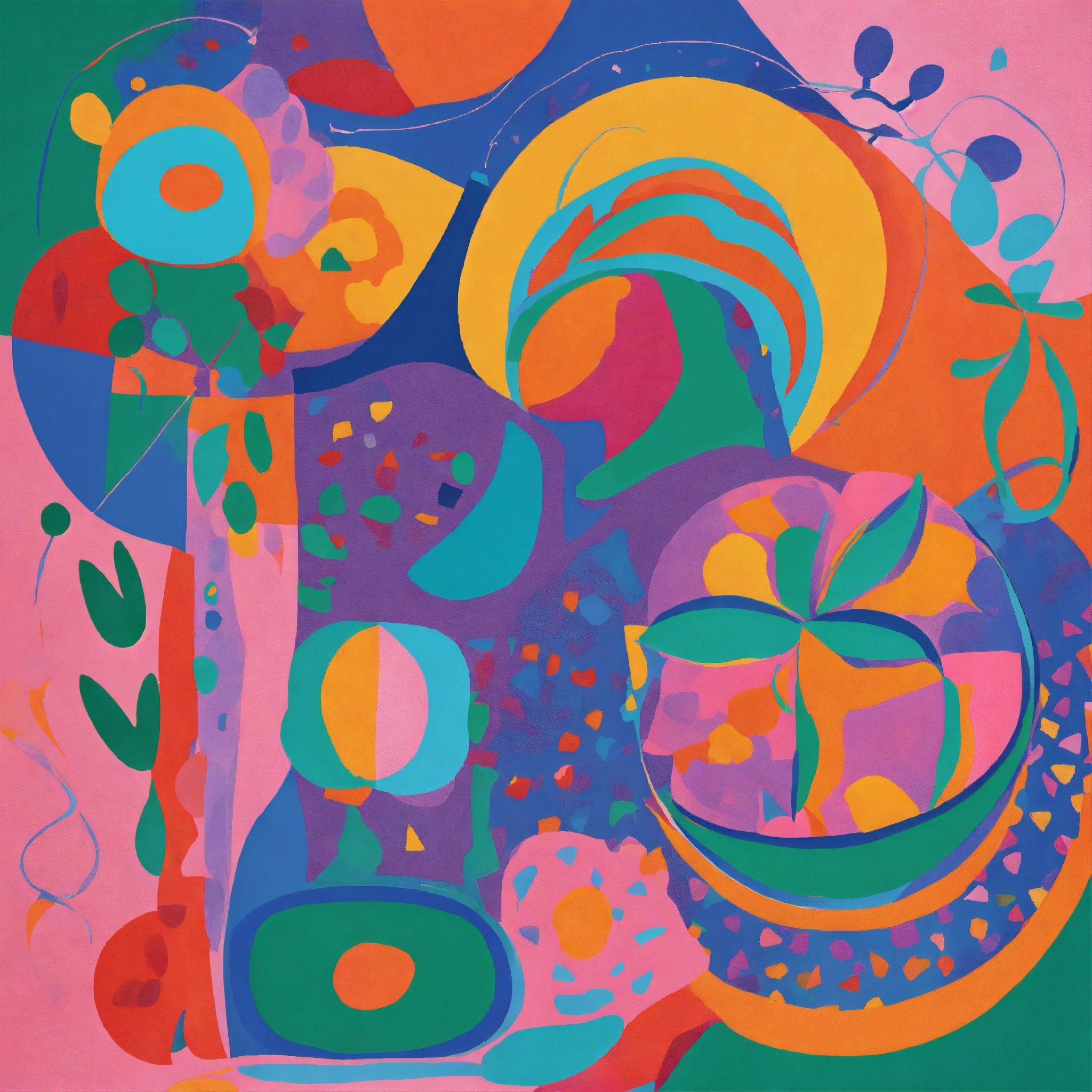 A Painting Of A Colorful Abstract Design On A Pink Background