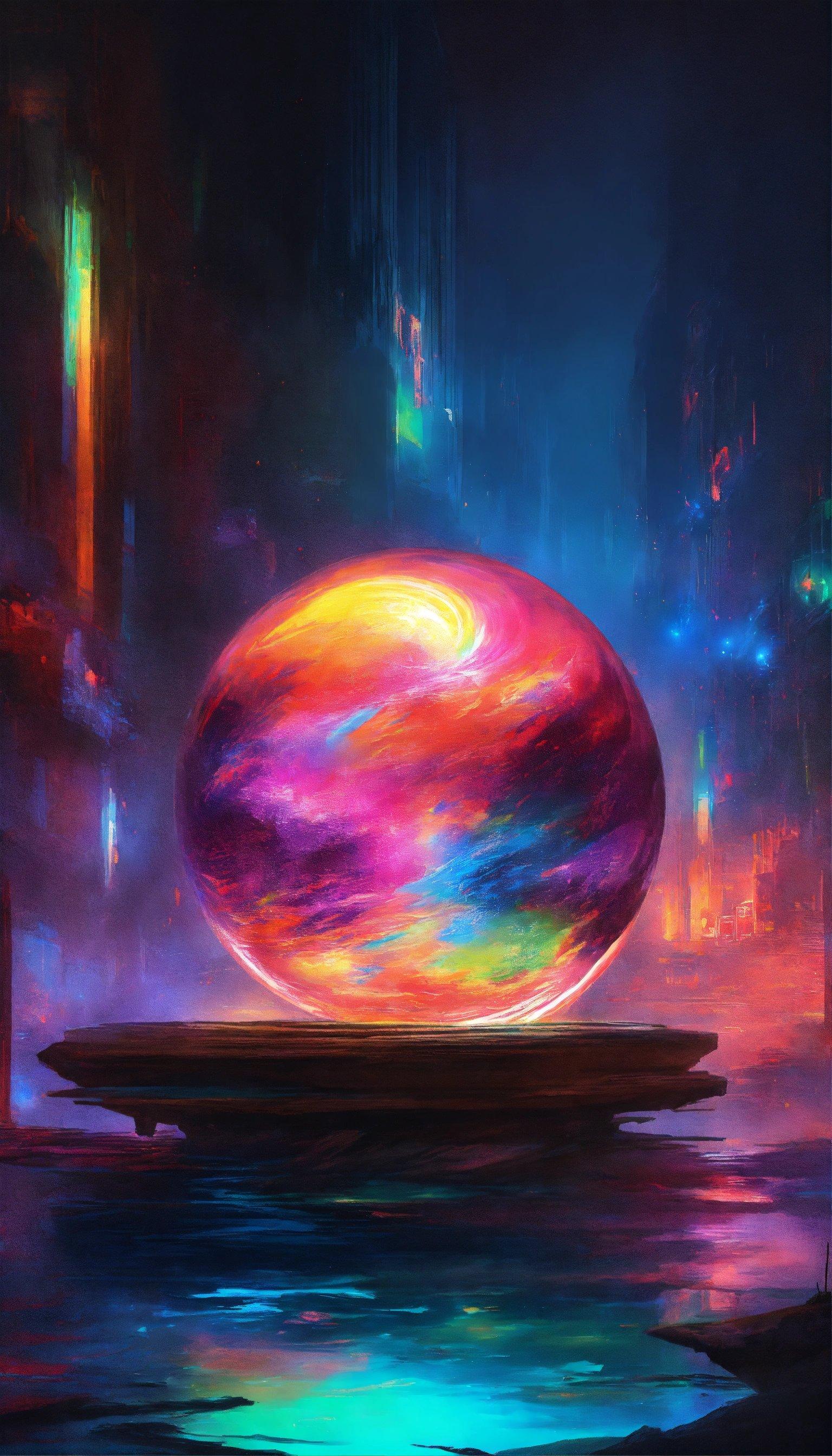 A Painting Of A Colorful Ball In The Middle Of A Body Of Water