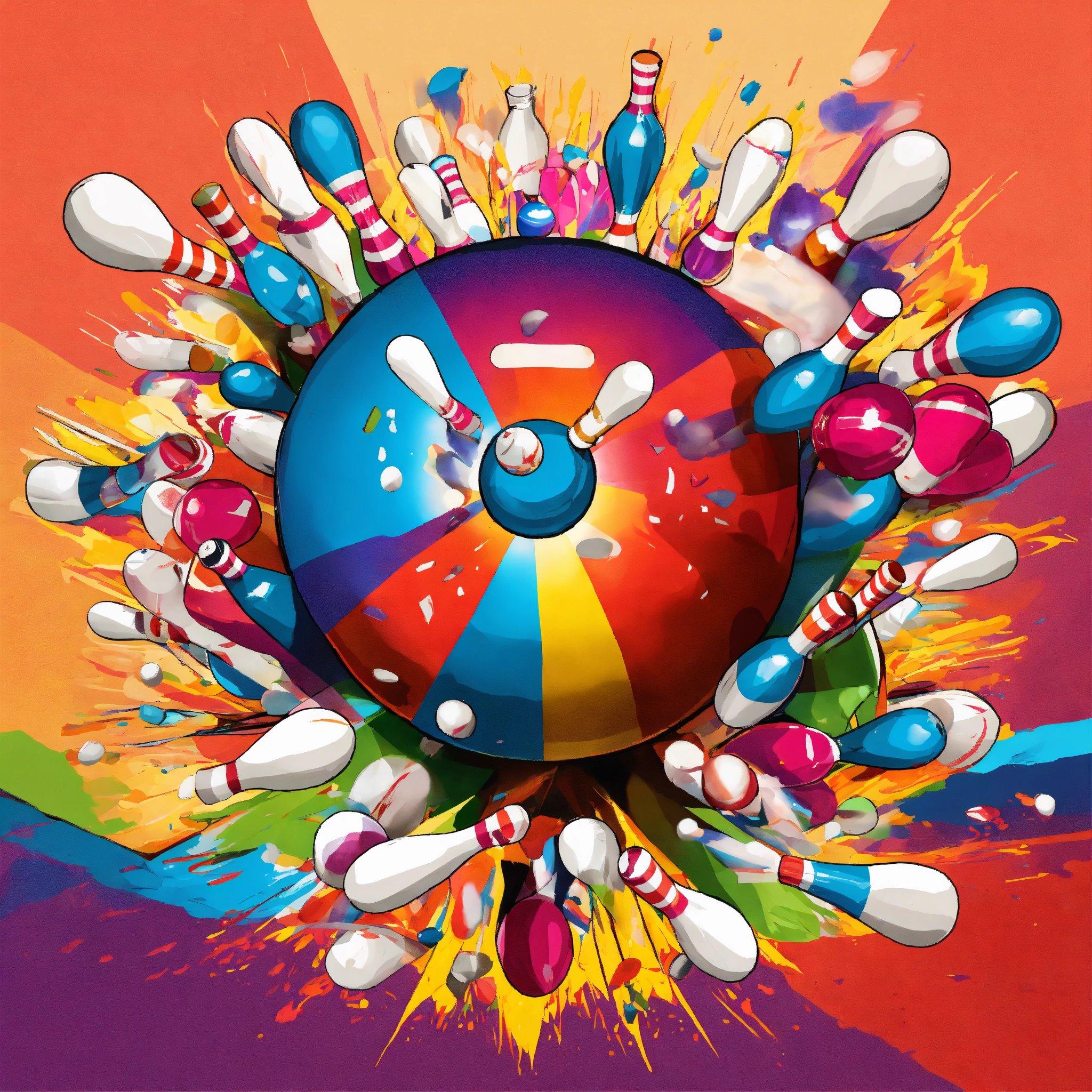 A Painting Of A Colorful Bowling Ball Surrounded By Bowling Pins