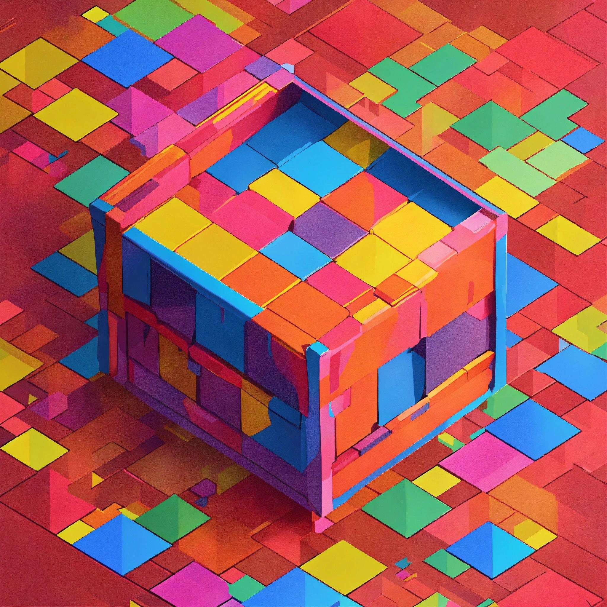 A Painting Of A Colorful Box On A Red Background