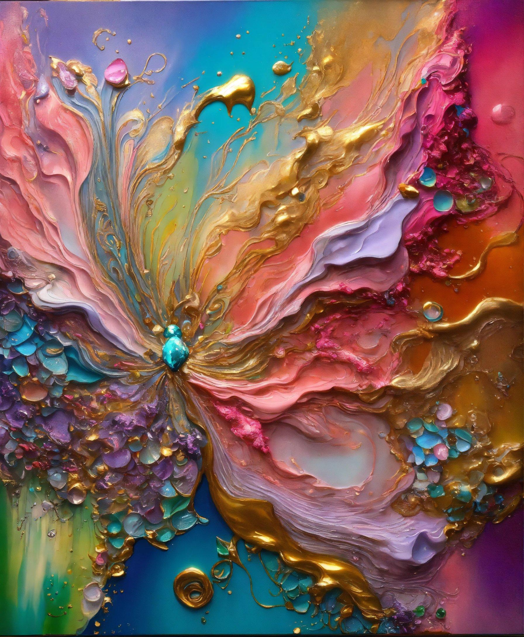 A Painting Of A Colorful Butterfly With Lots Of Bubbles