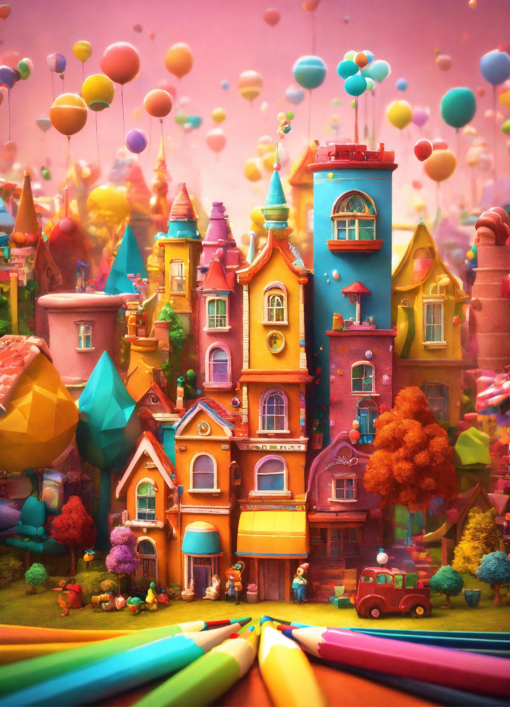 A Painting Of A Colorful City With Lots Of Balloons