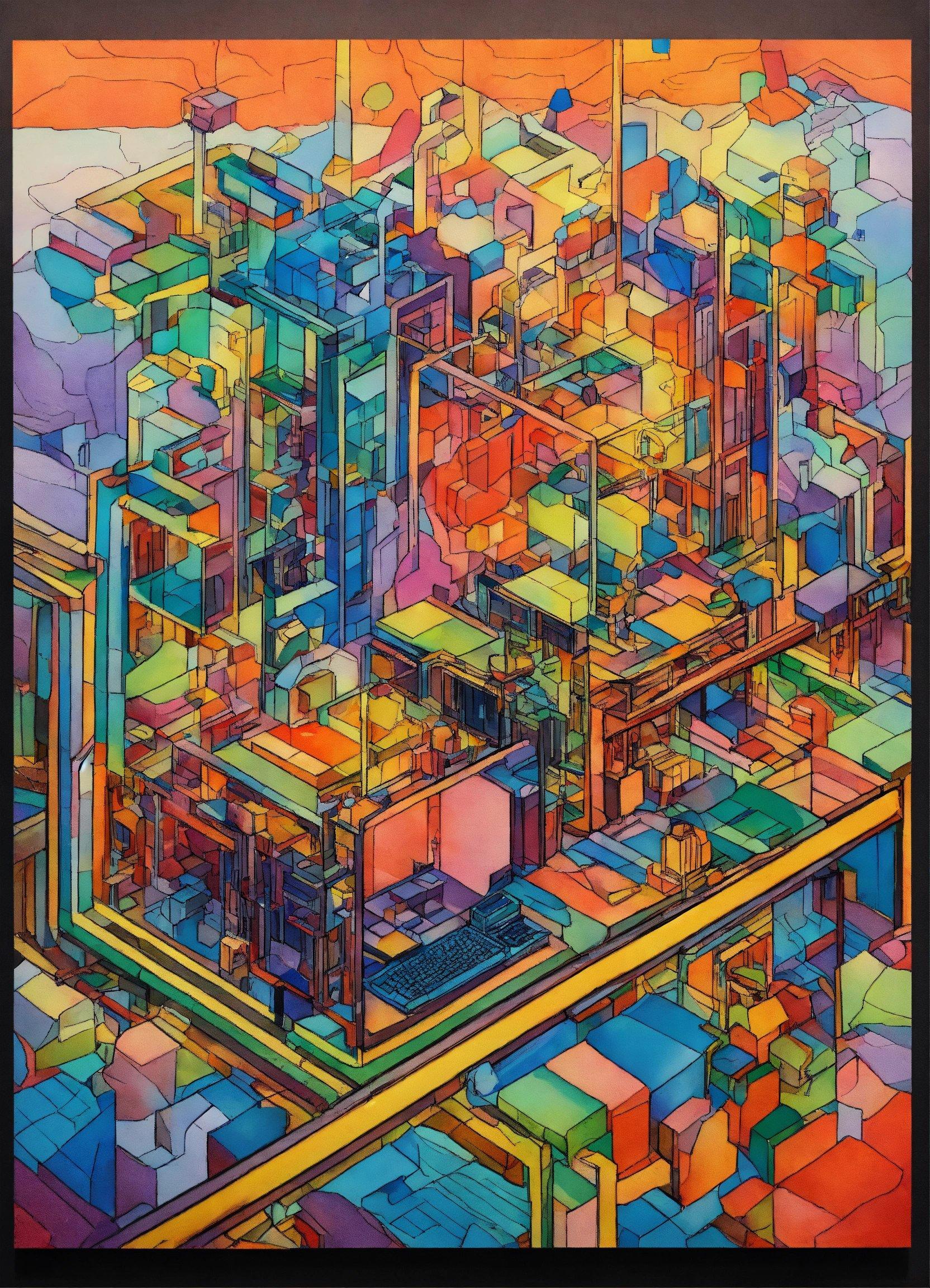 A Painting Of A Colorful City With Lots Of Buildings