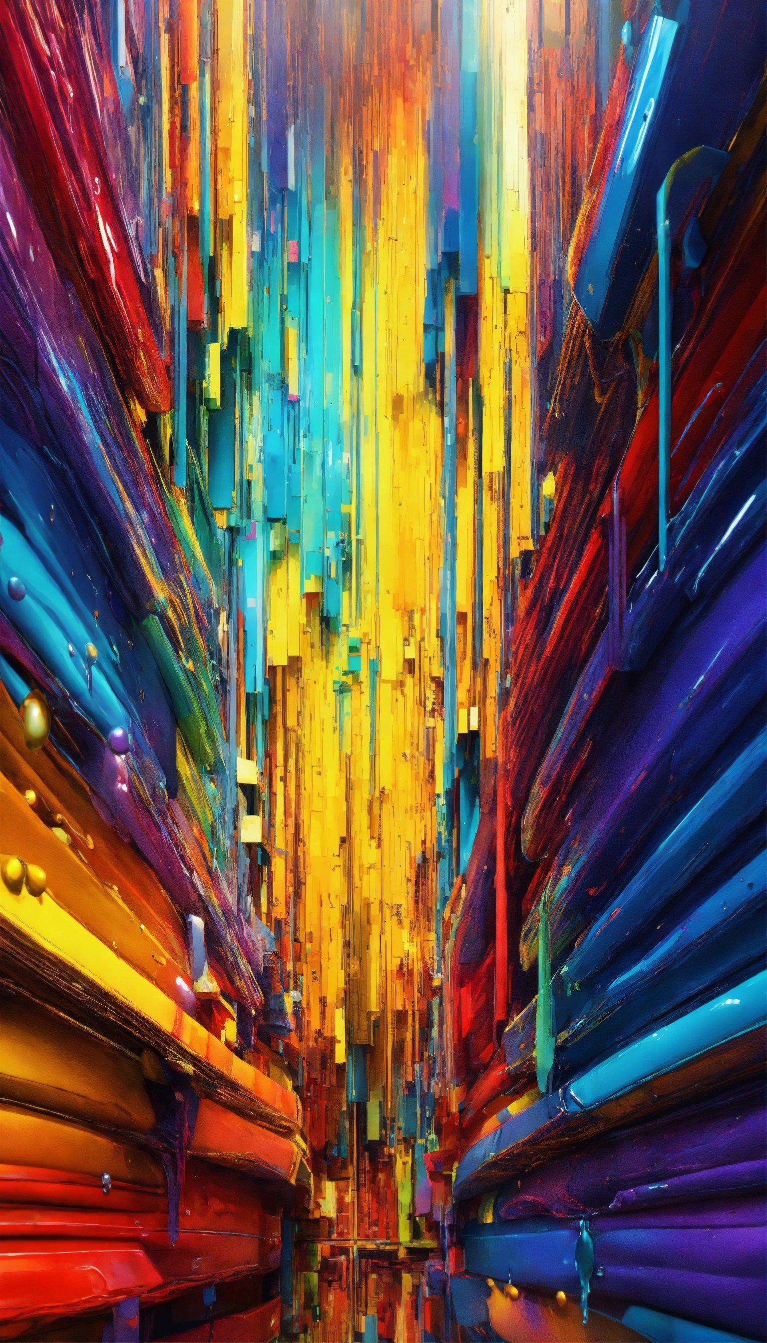 A Painting Of A Colorful City With Tall Buildings