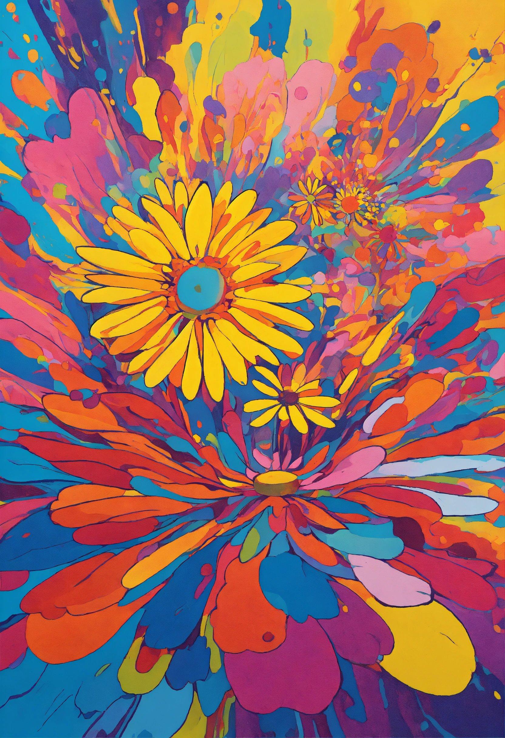 A Painting Of A Colorful Flower On A Blue Background