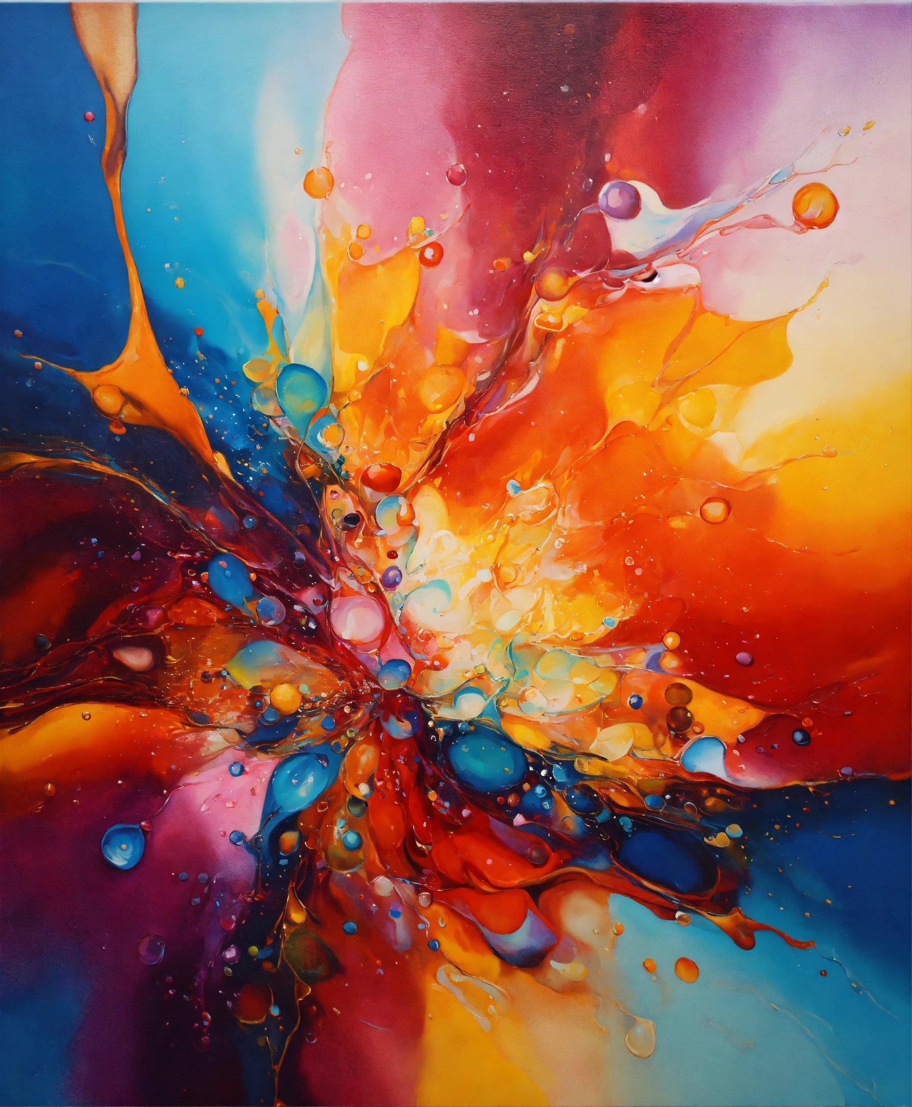 A Painting Of A Colorful Flower With Drops Of Water