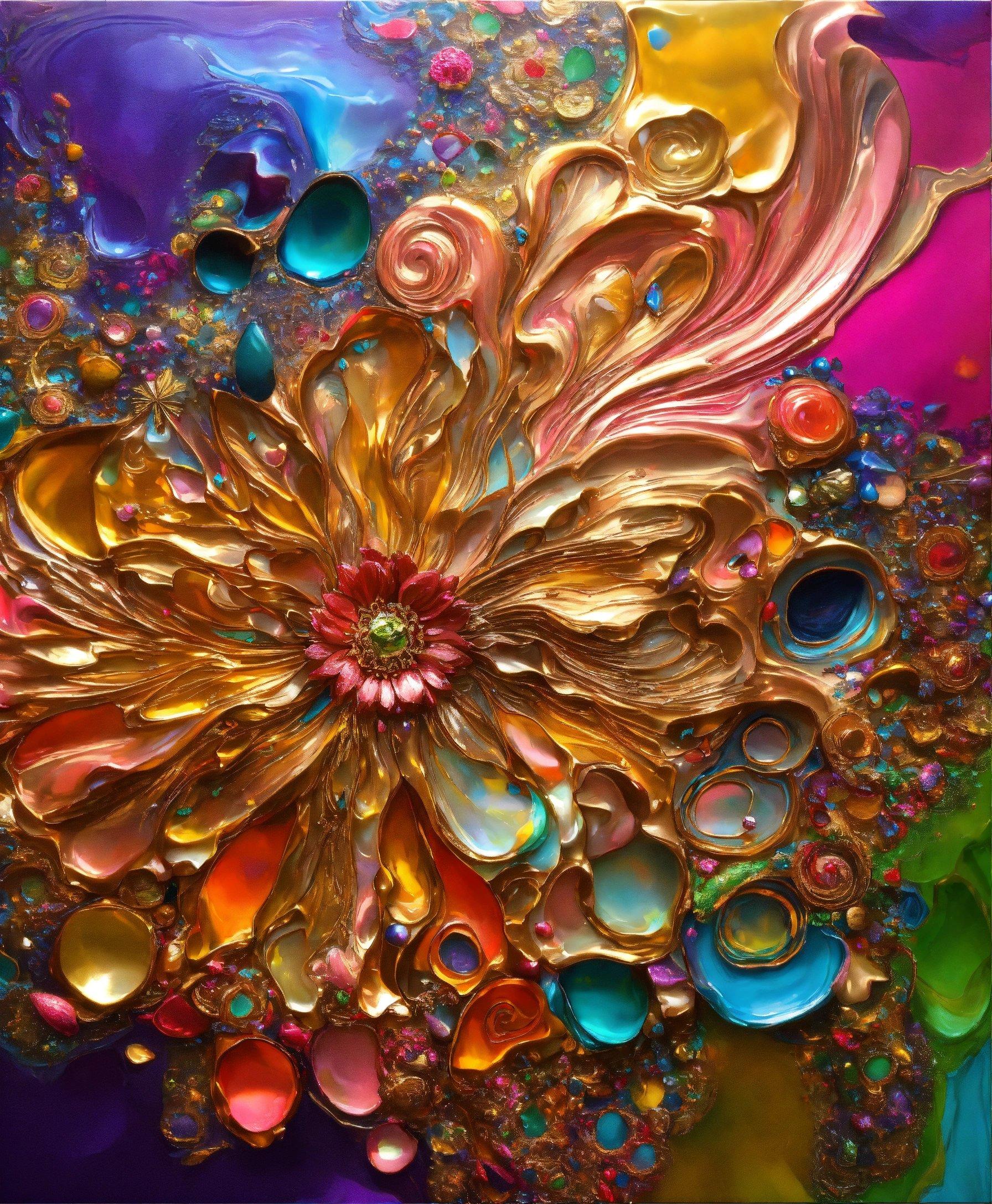 A Painting Of A Colorful Flower With Lots Of Bubbles