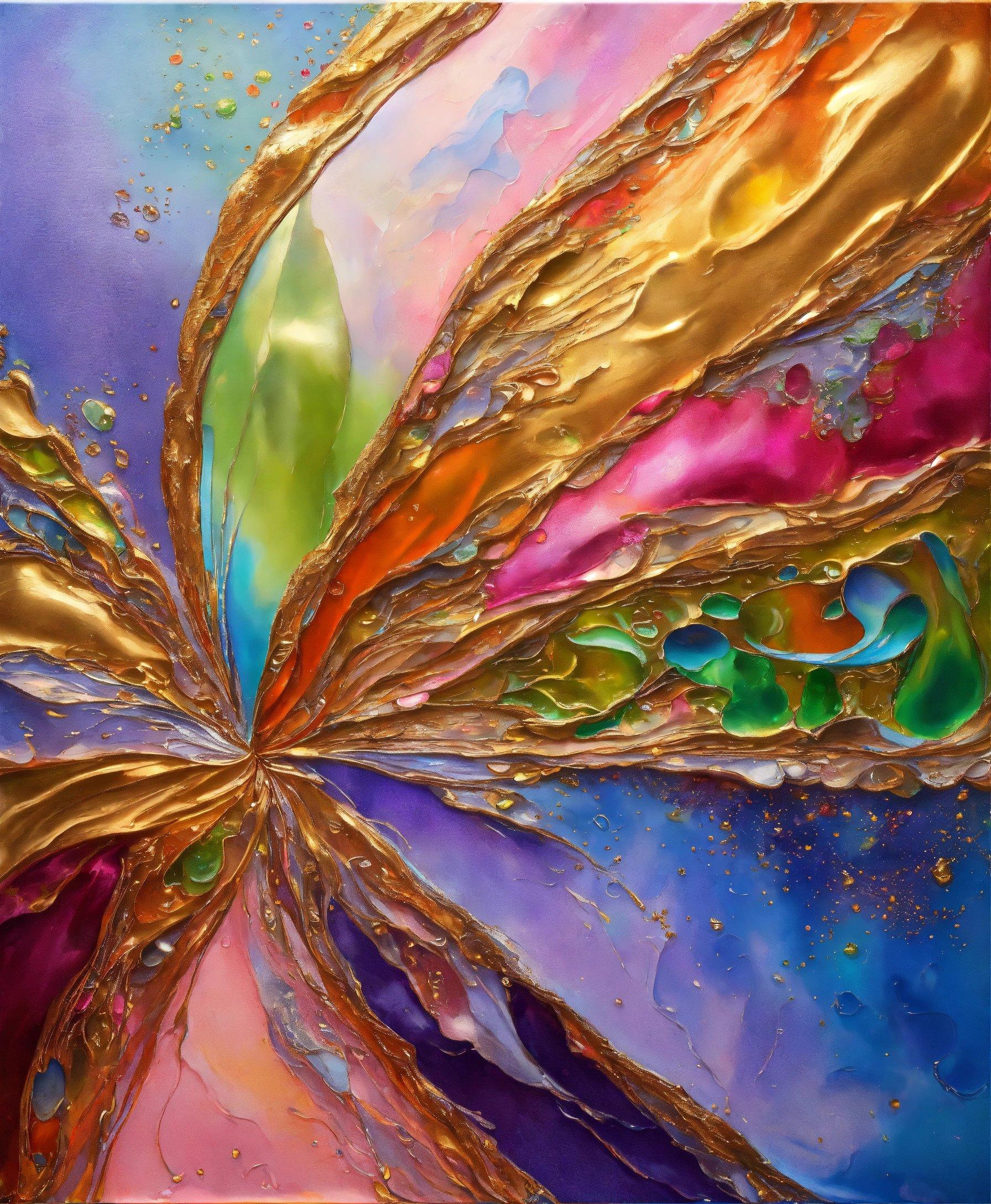 A Painting Of A Colorful Flower With Lots Of Gold