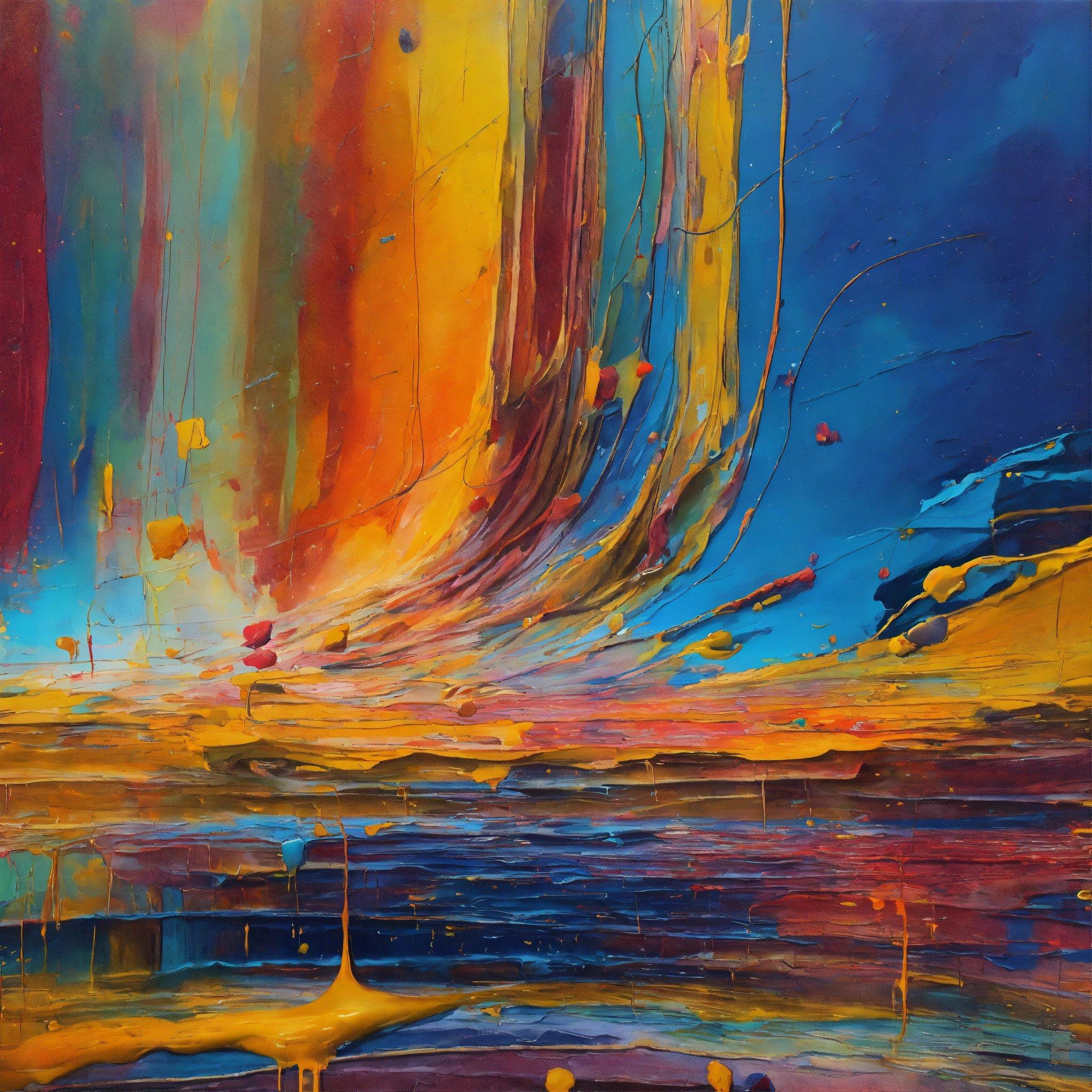 A Painting Of A Colorful Landscape With Blue, Yellow, Red, And Orange Colors