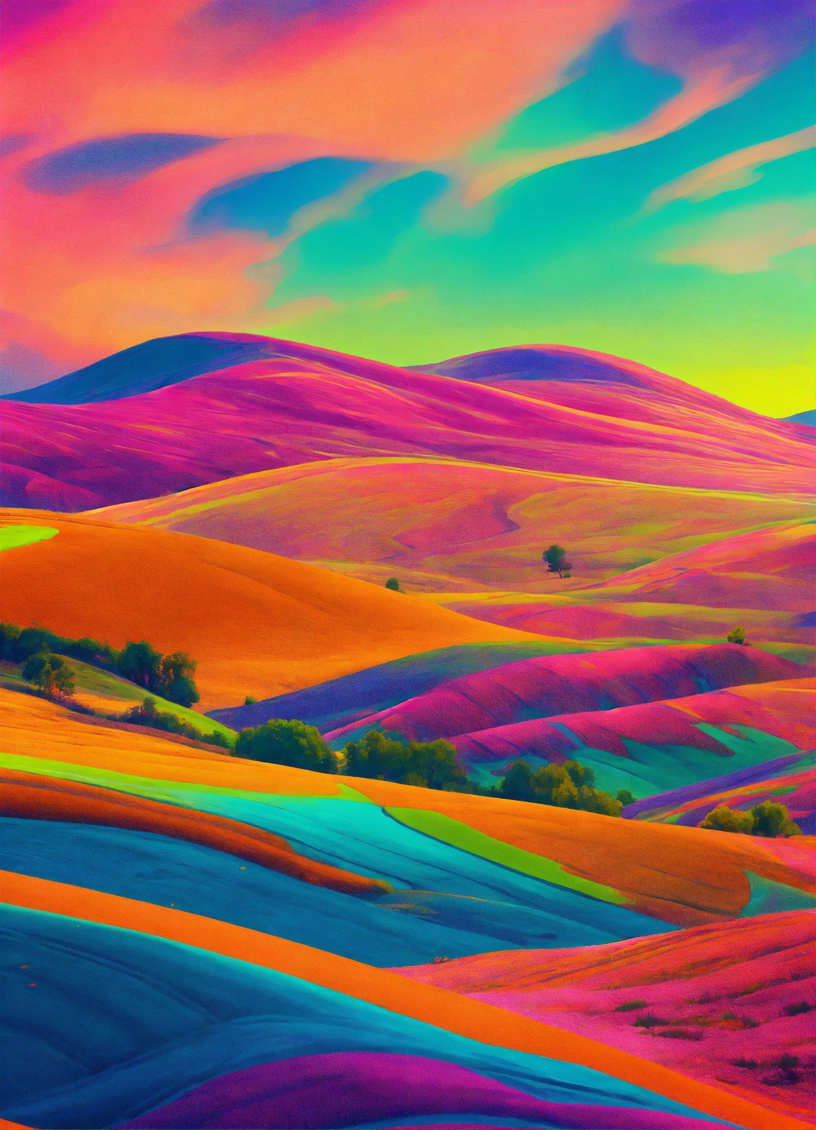 A Painting Of A Colorful Landscape With Hills And Trees