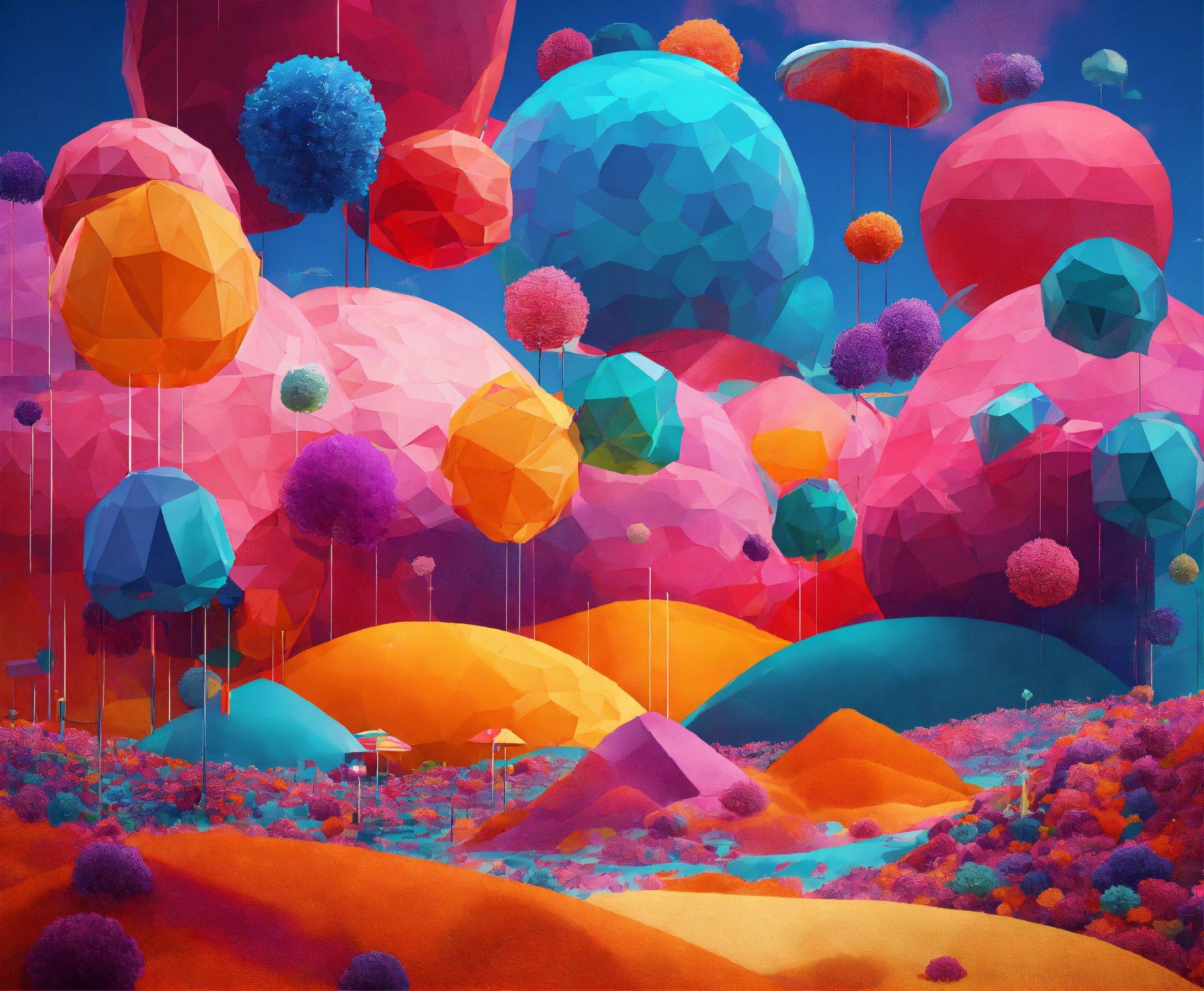 A Painting Of A Colorful Landscape With Lots Of Balloons