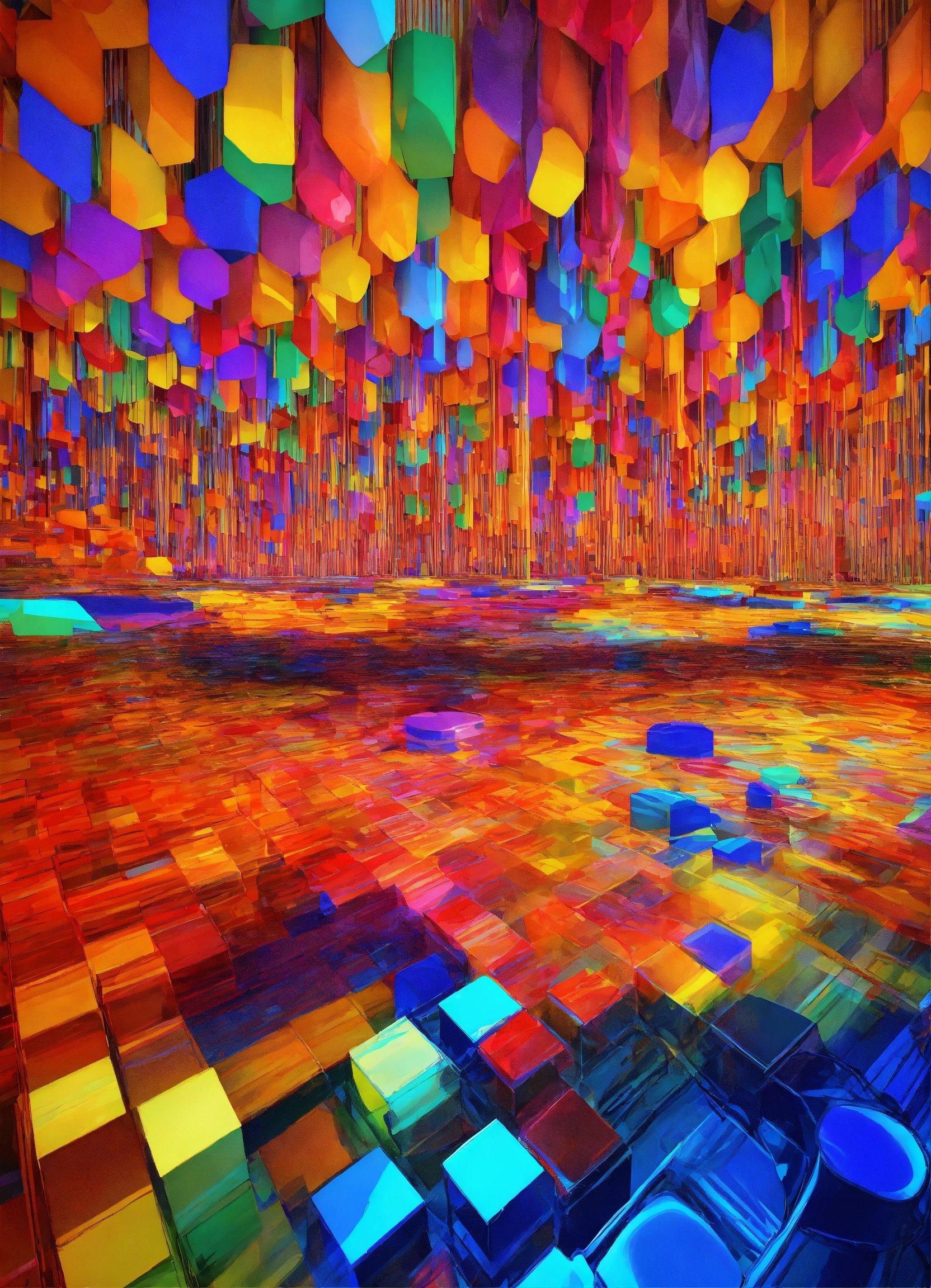 A Painting Of A Colorful Landscape With Lots Of Squares