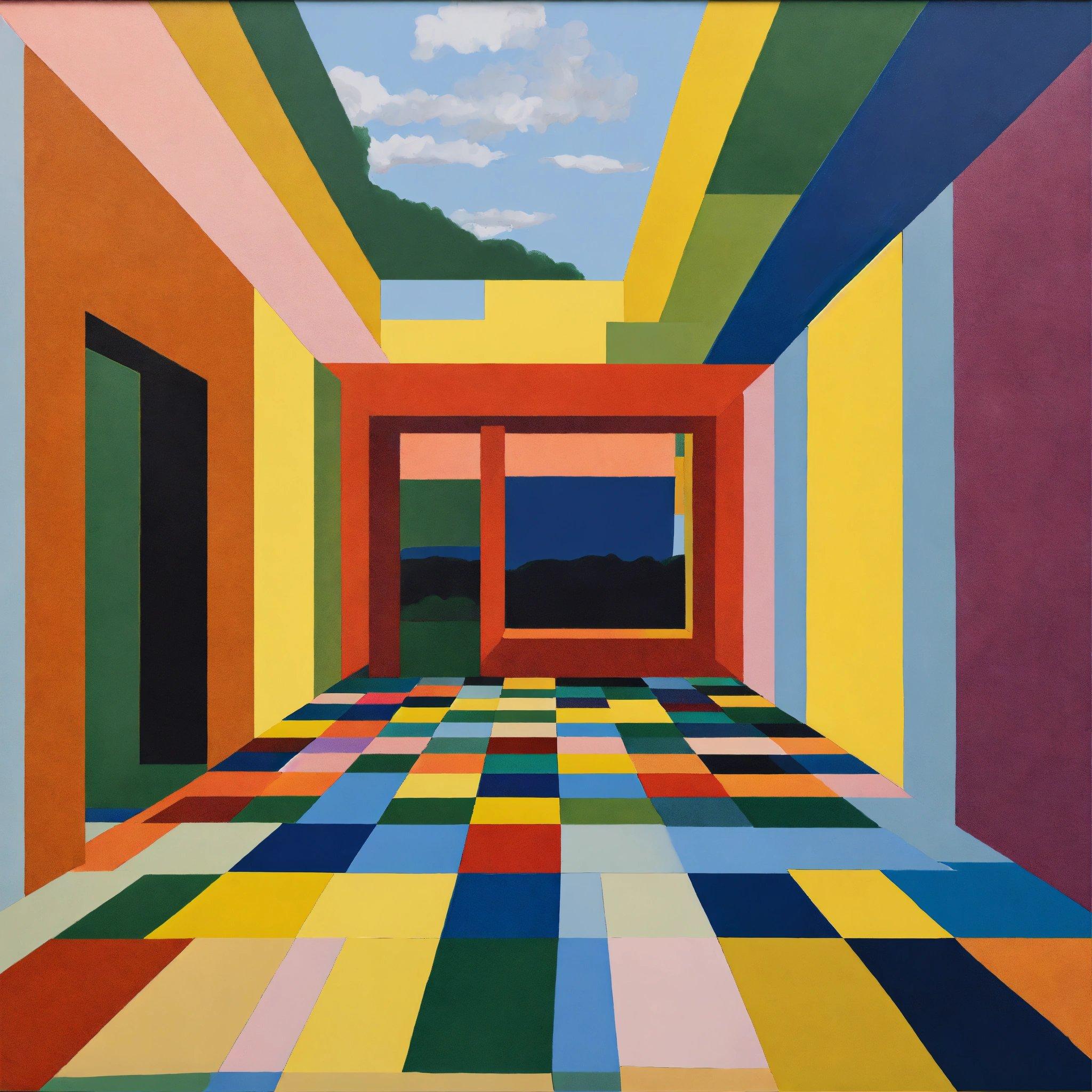 A Painting Of A Colorful Room With A Sky In The Background