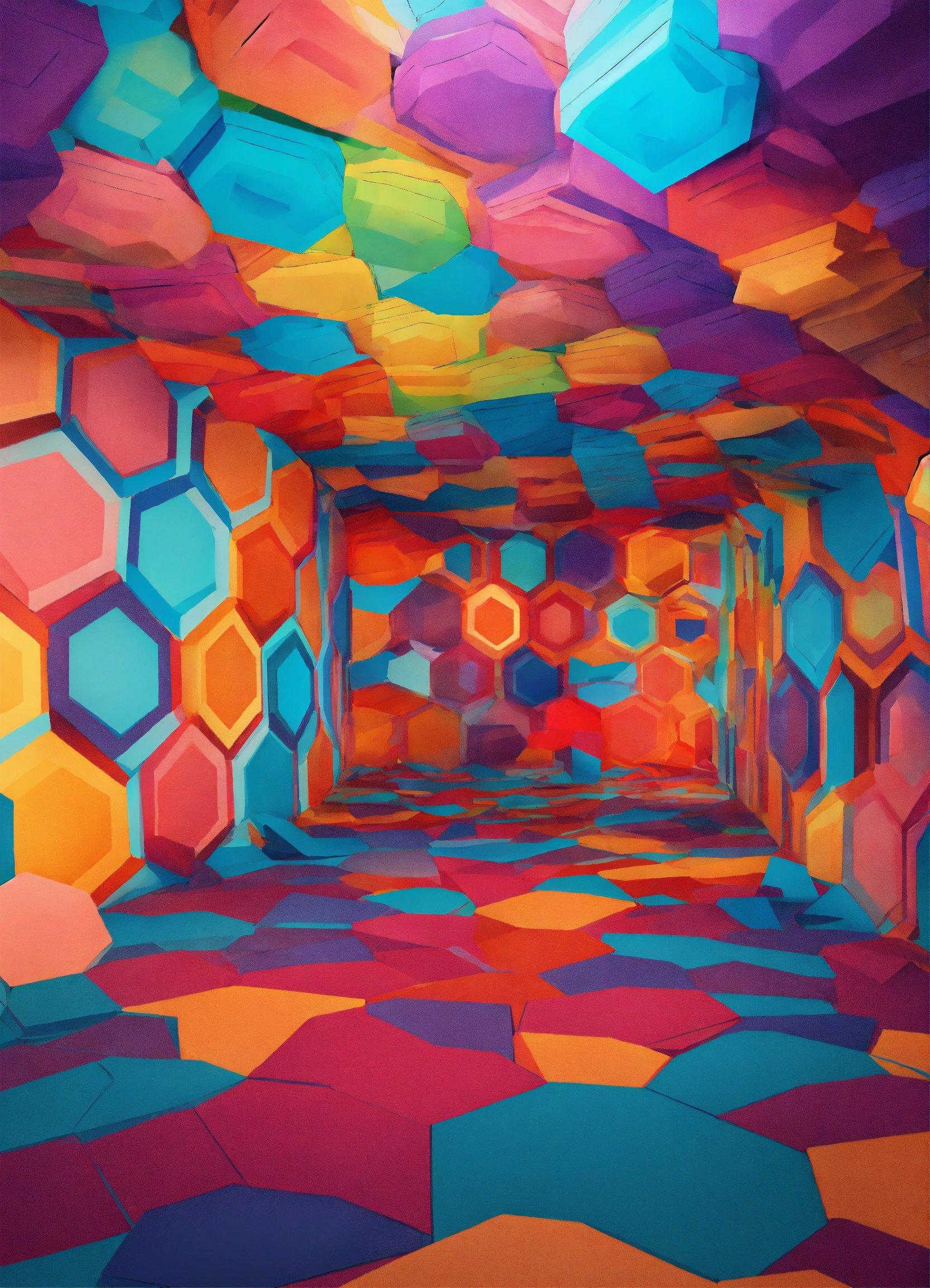 A Painting Of A Colorful Room With Hexagonal Shapes