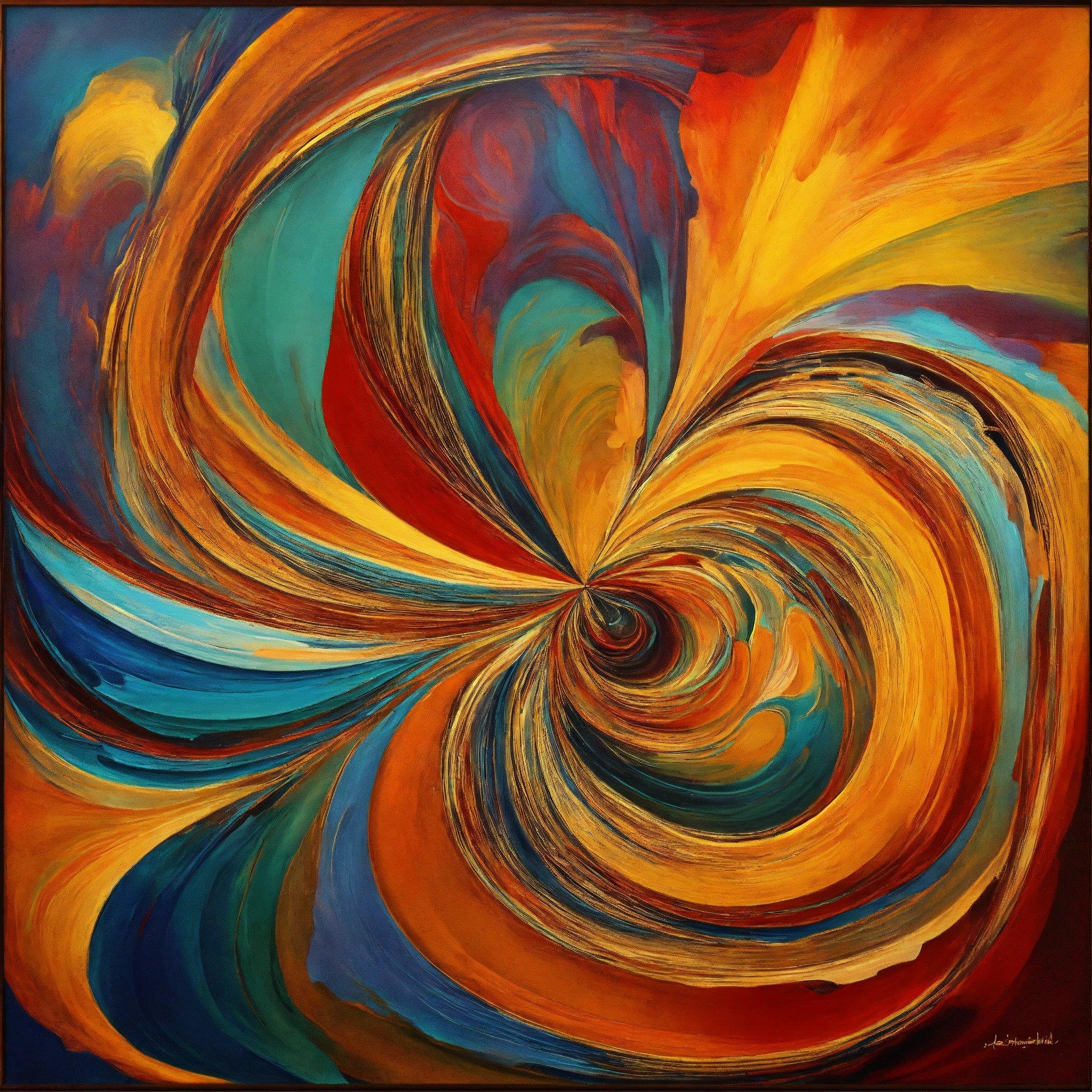 A Painting Of A Colorful Swirl In Orange, Blue, And Yellow