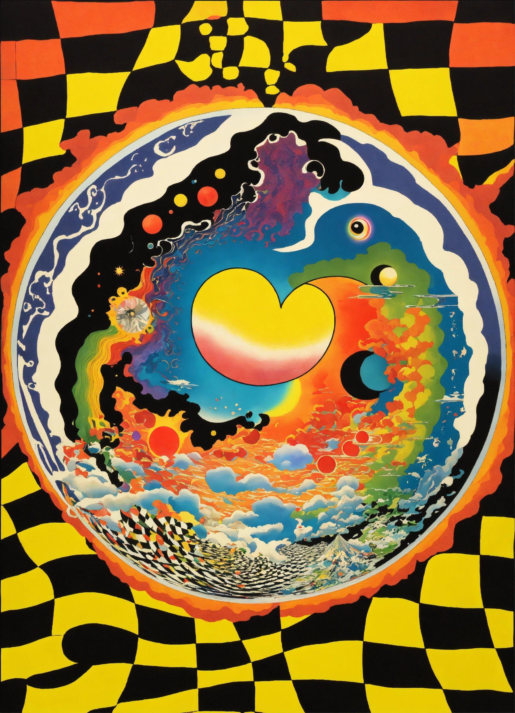 A Painting Of A Colorful Swirl In The Middle Of A Checkered Background