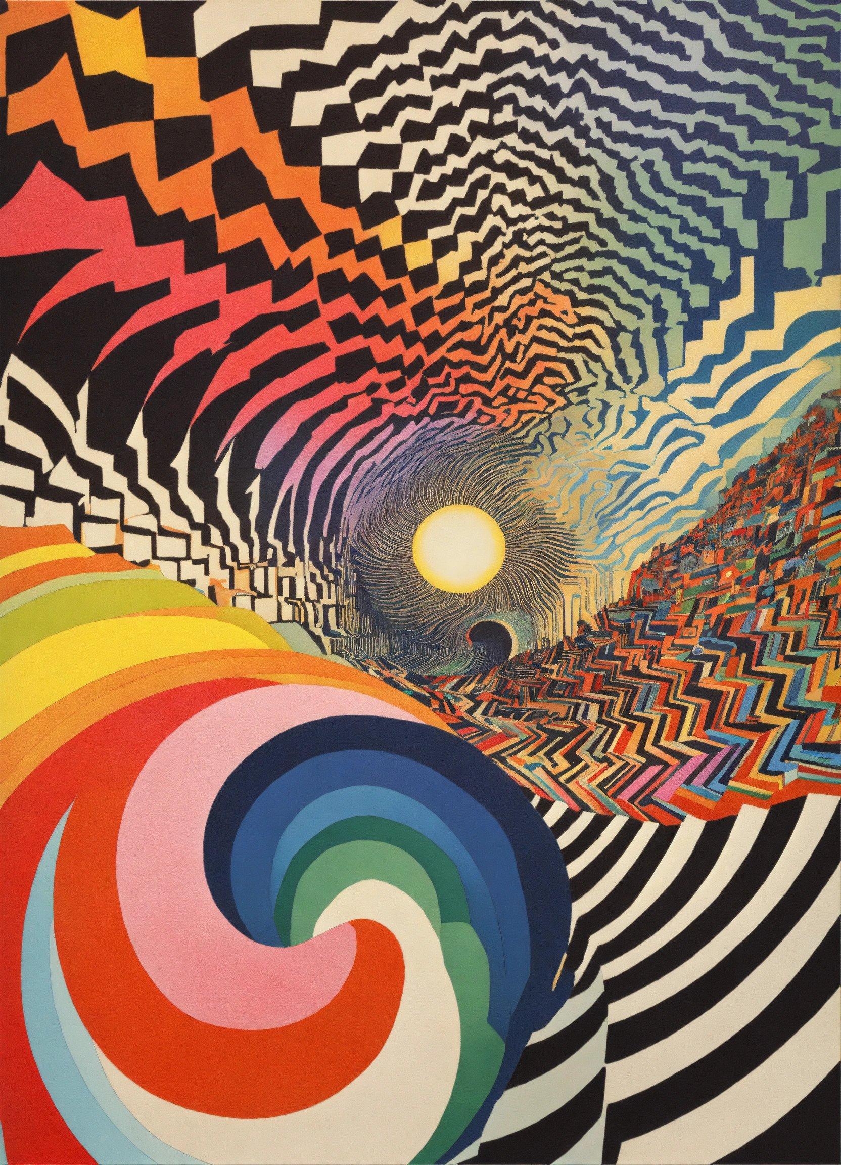 A Painting Of A Colorful Swirl With A Sun In The Middle