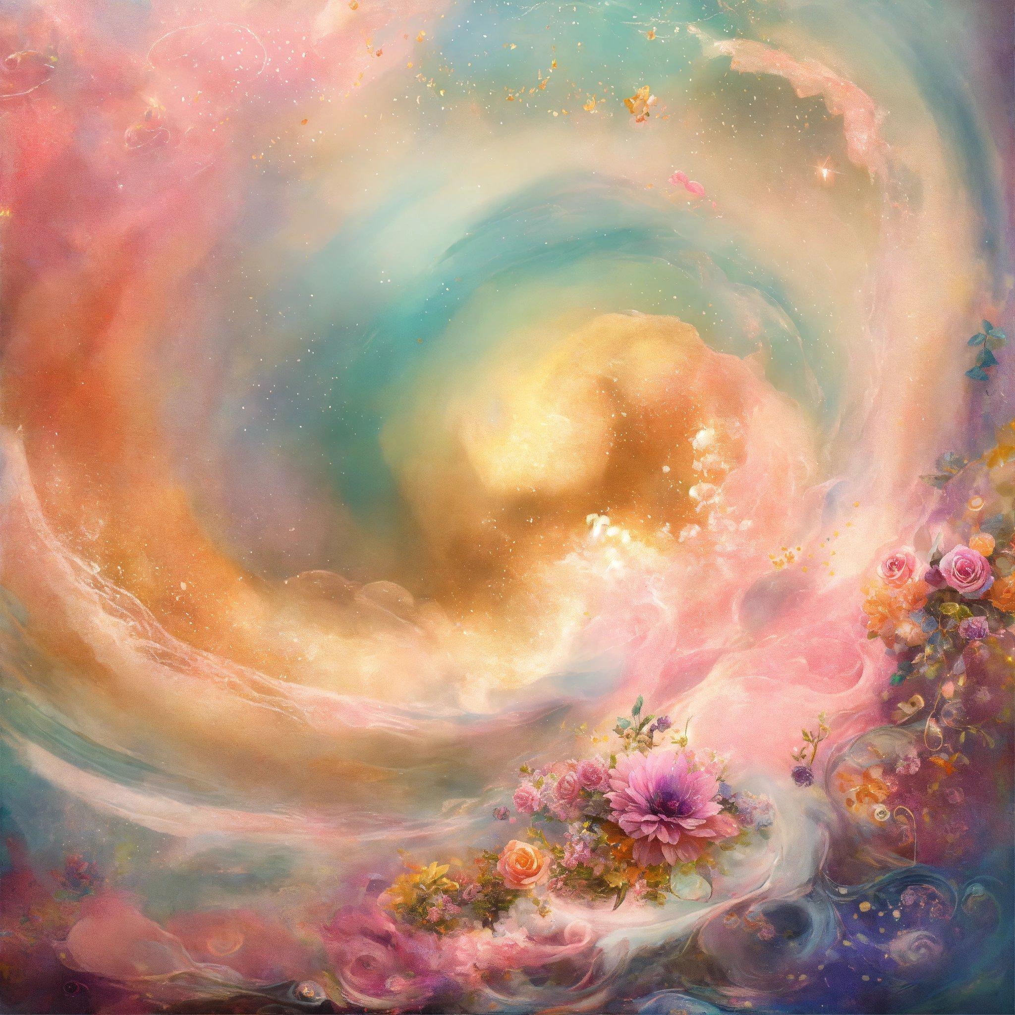 A Painting Of A Colorful Swirl With Flowers