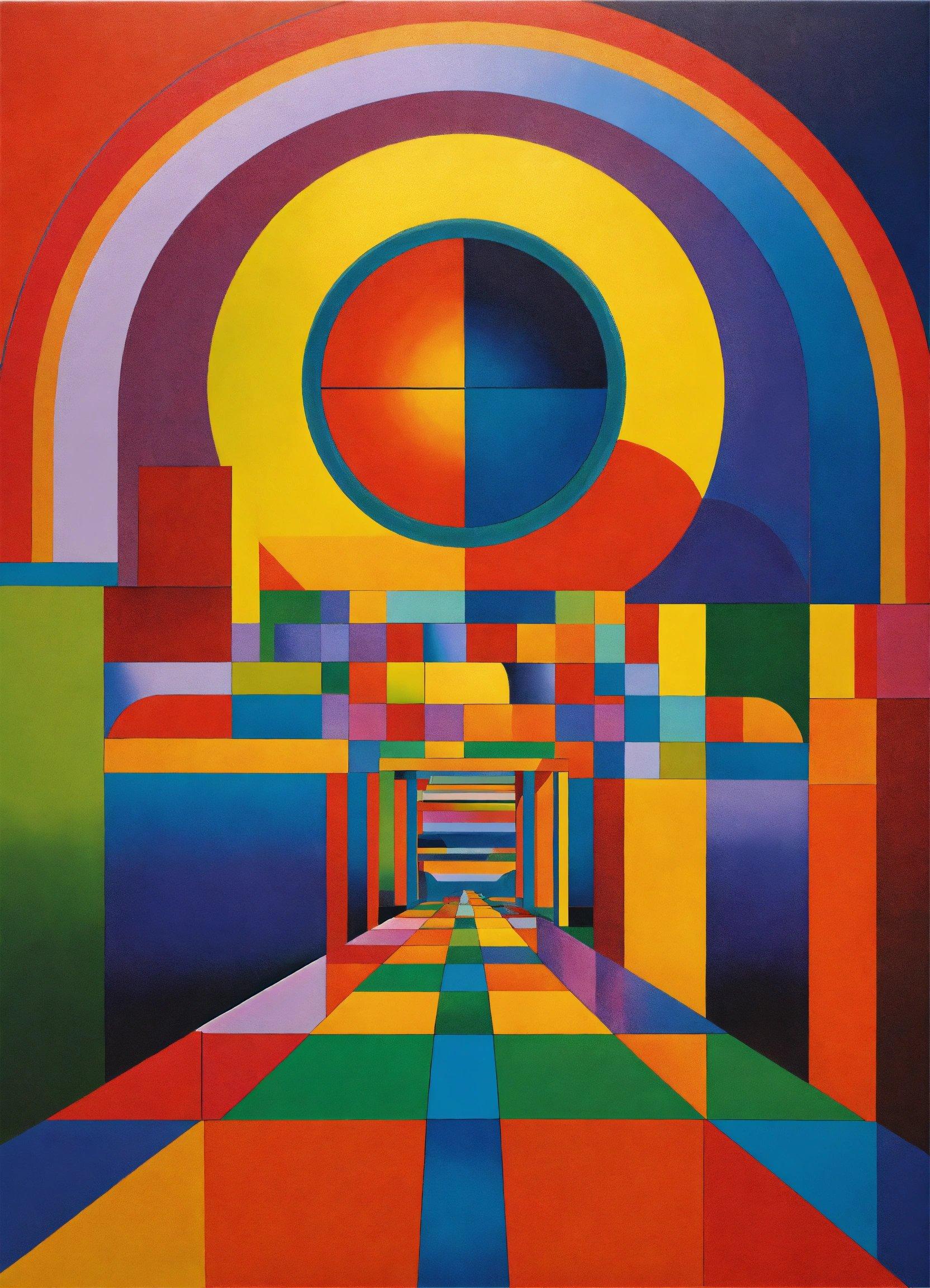 A Painting Of A Colorful Tunnel With A Sun In The Background