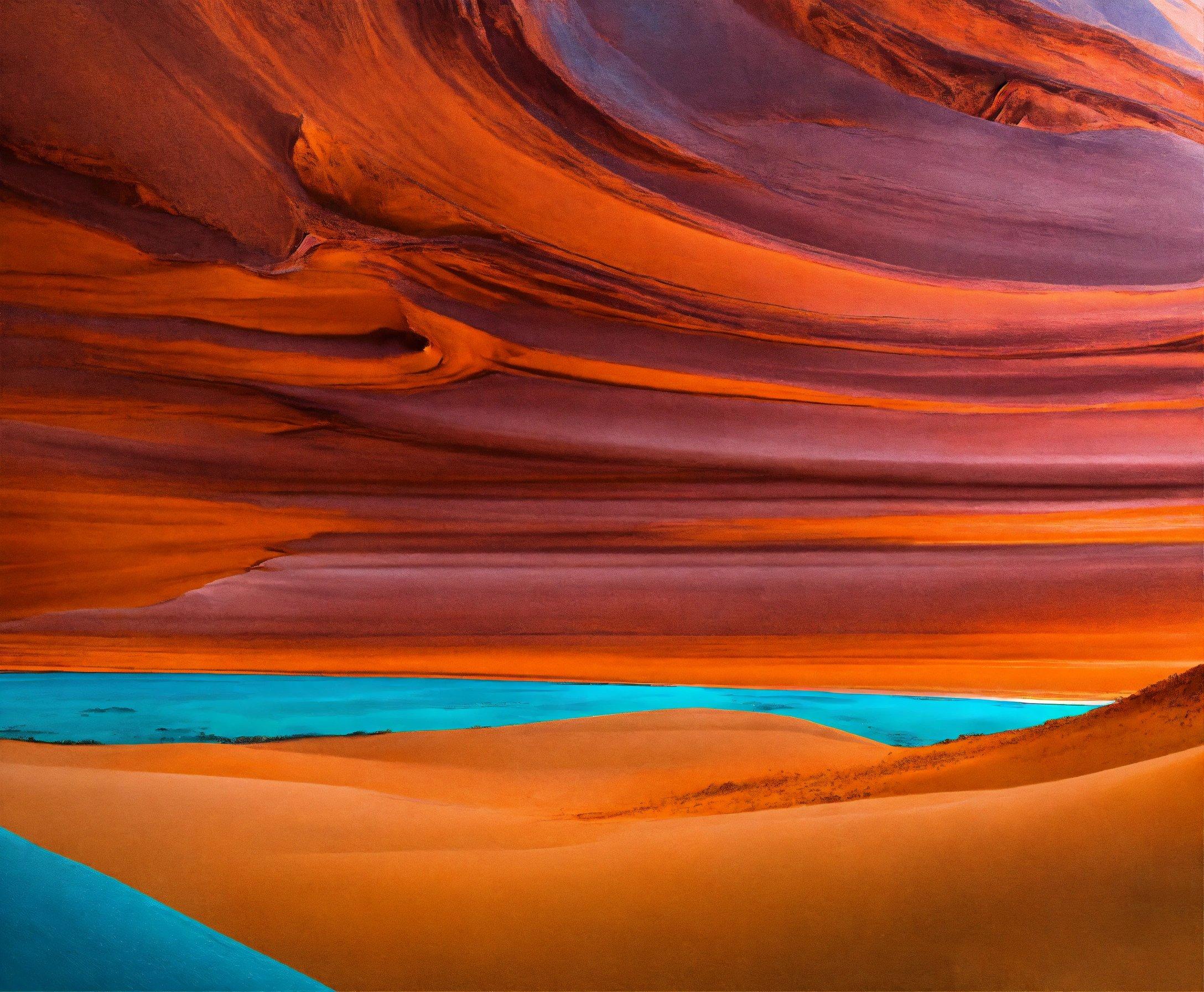 A Painting Of A Desert Landscape With A Blue Body Of Water