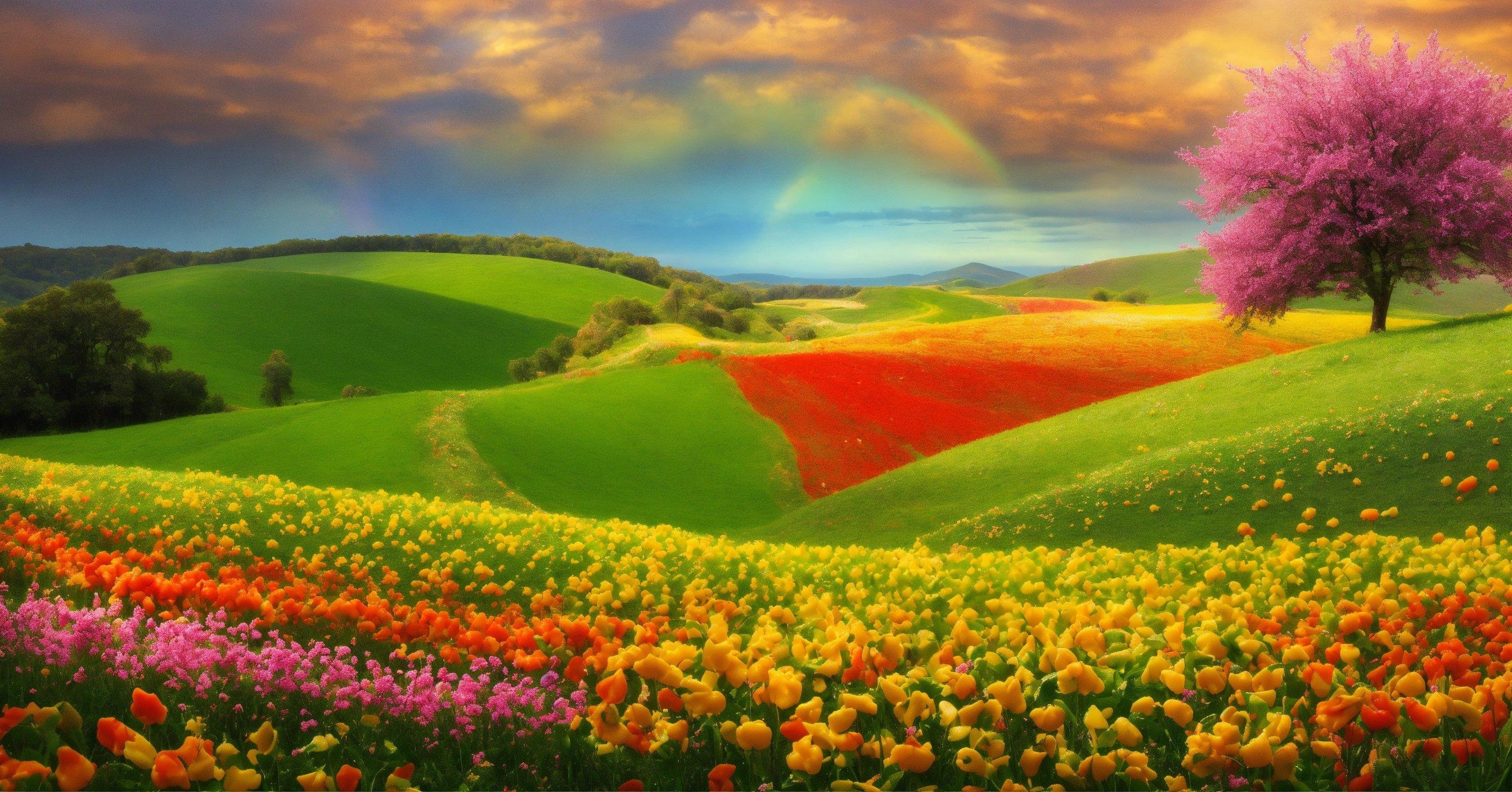 A Painting Of A Field Of Flowers With A Rainbow In The Background