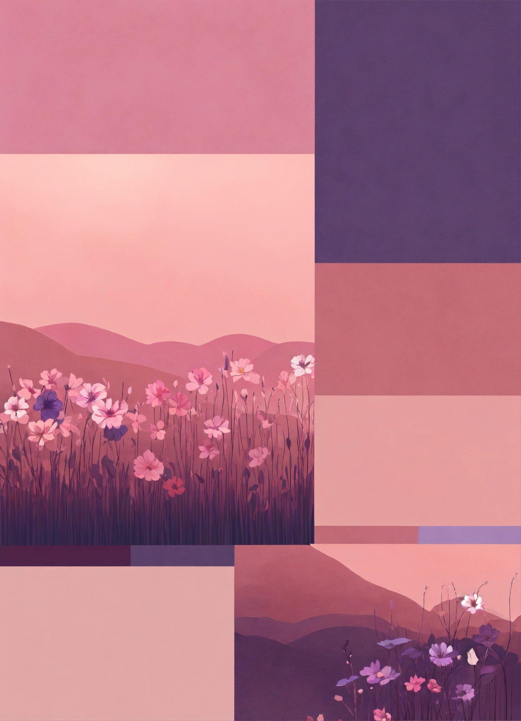 A Painting Of A Field Of Flowers With Mountains In The Background