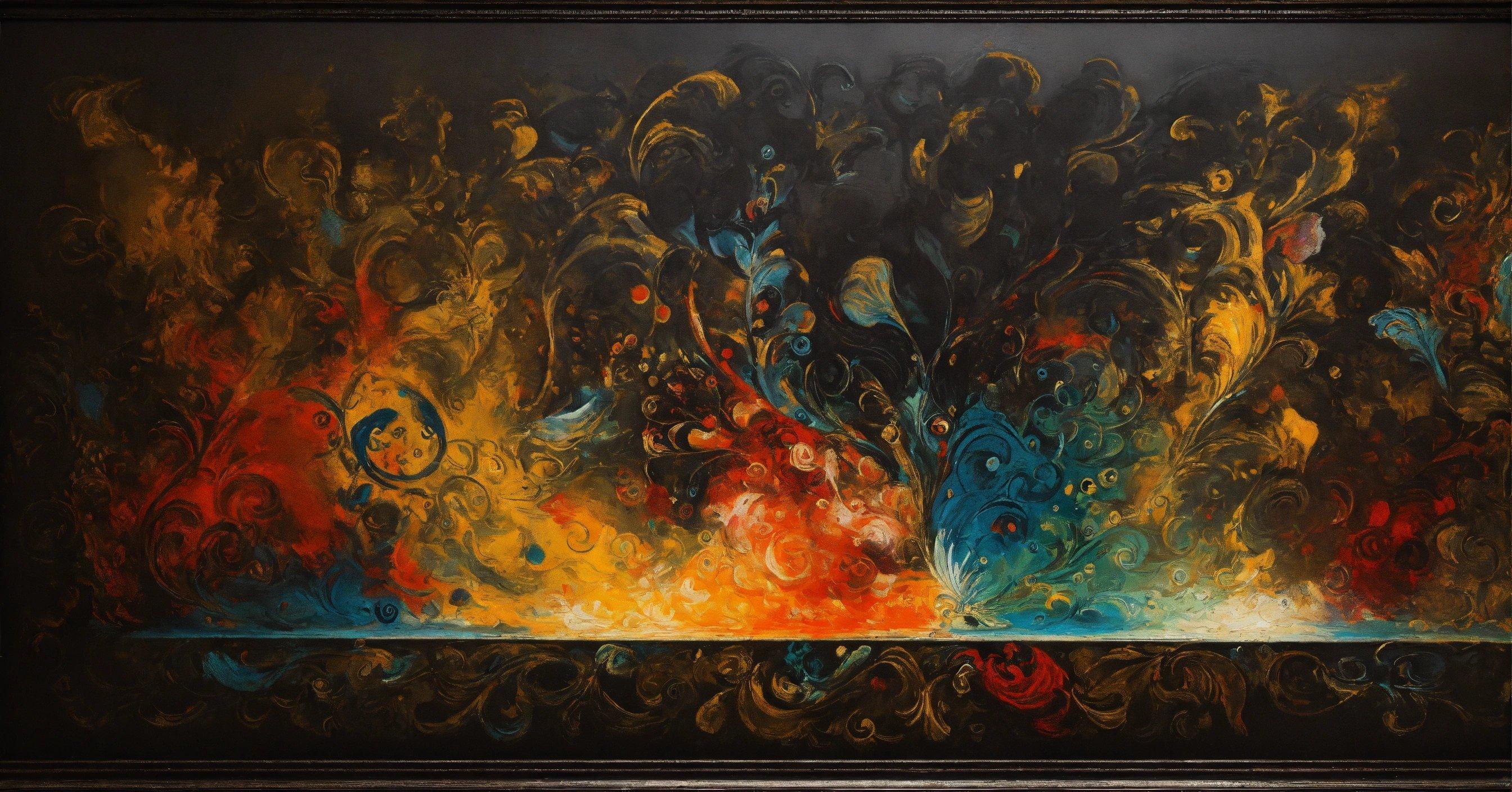 A Painting Of A Fire And Flames In A Black Frame