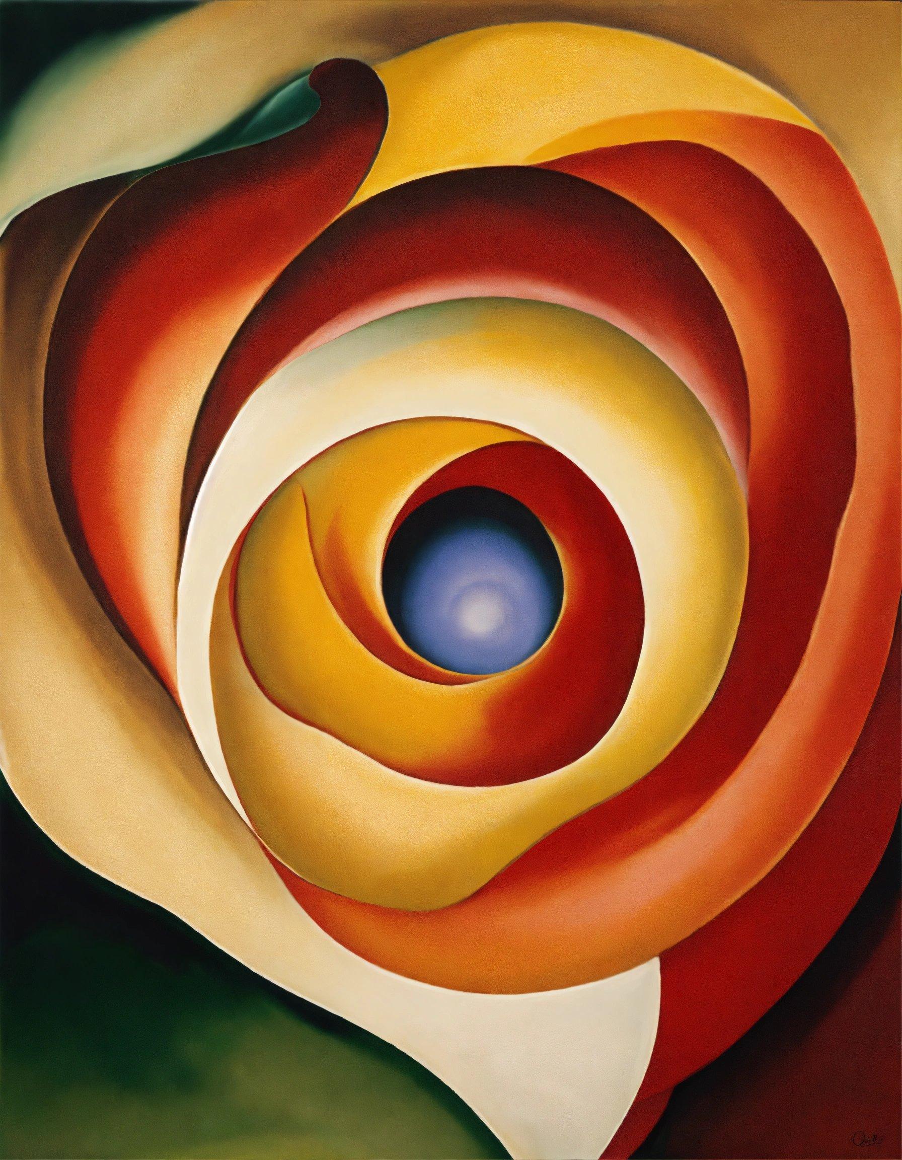 A Painting Of A Flower With A Blue Center