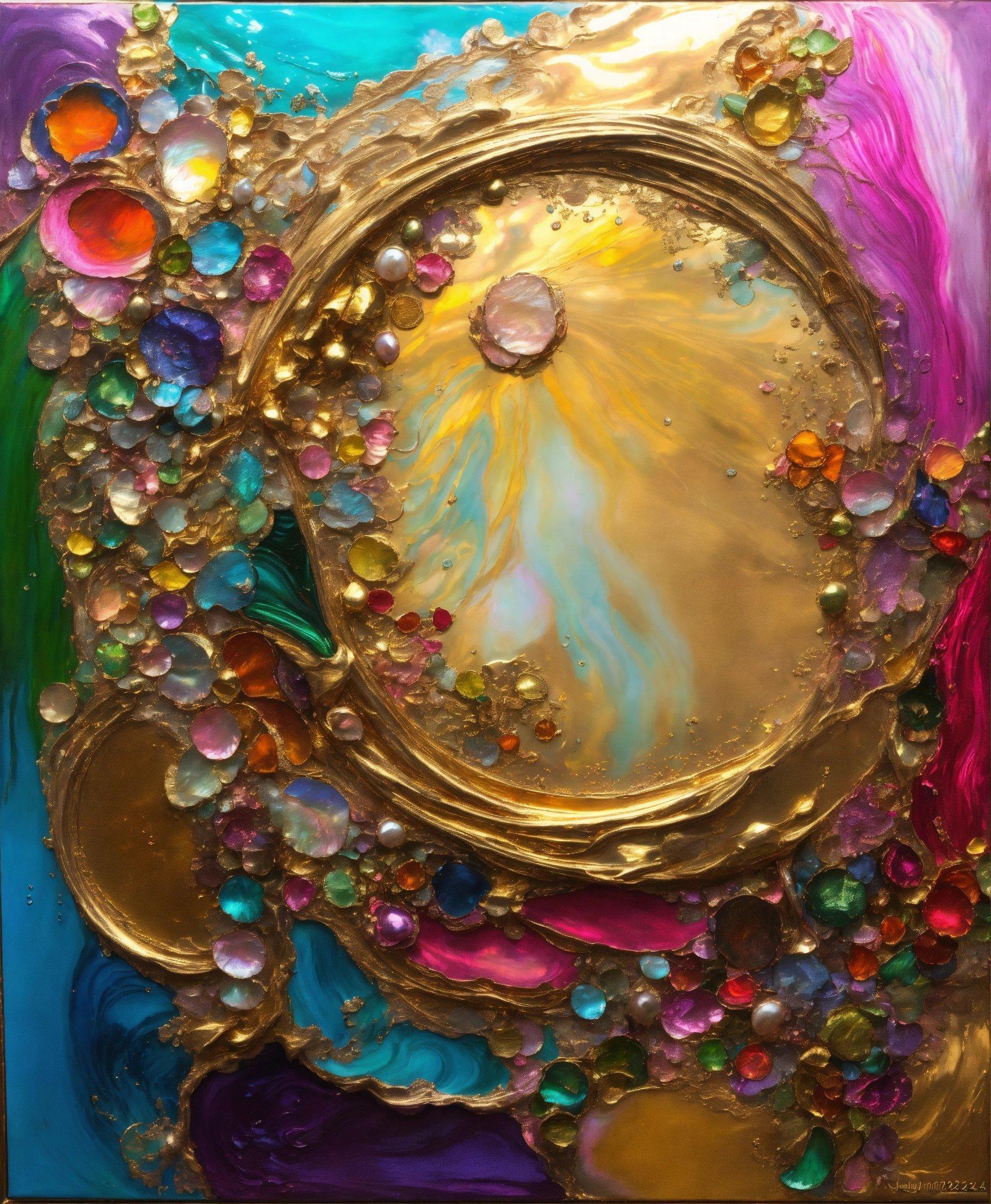 A Painting Of A Gold Plate With Many Different Colors