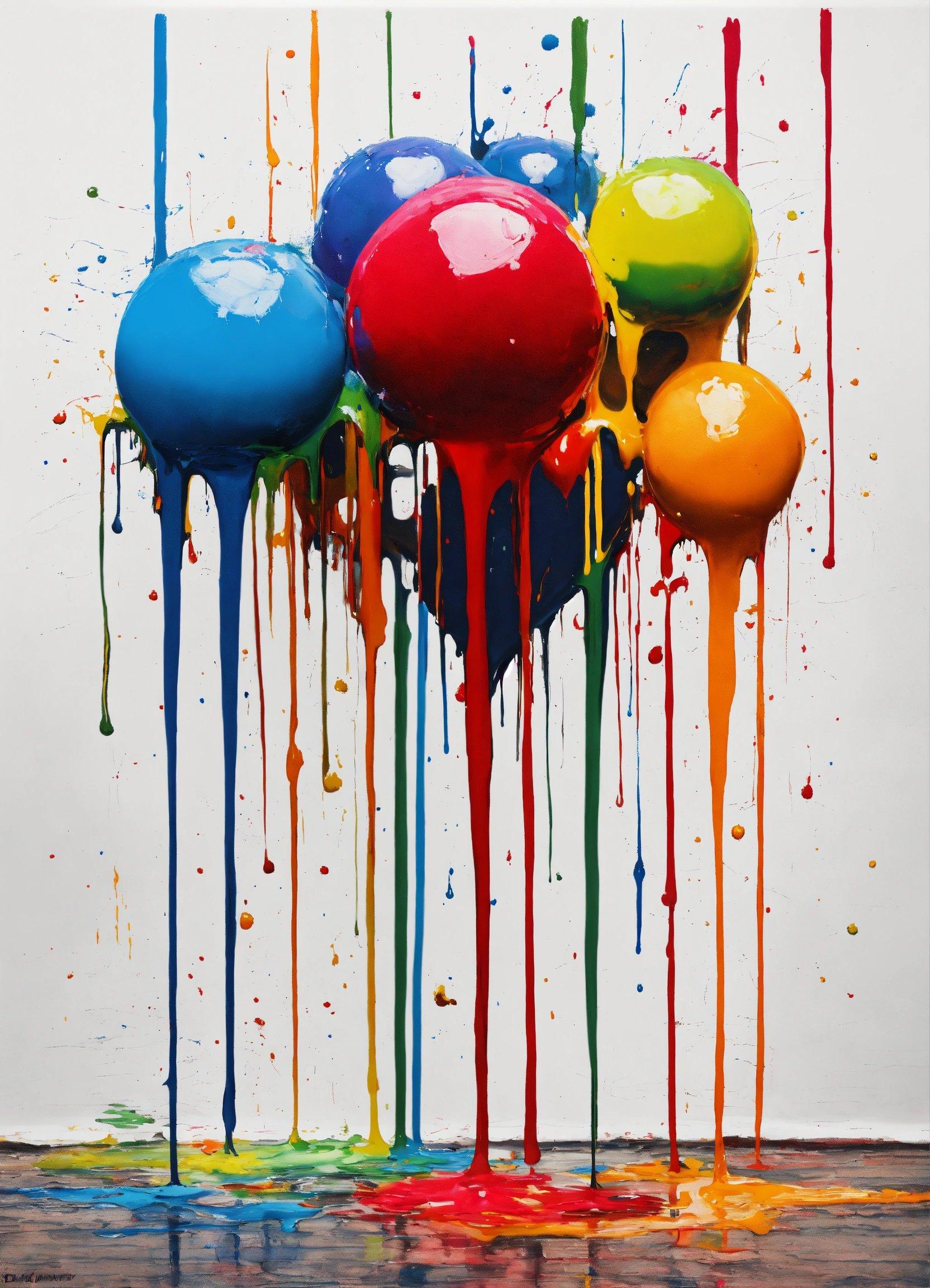 A Painting Of A Group Of Balls With Paint Dripping Down Them