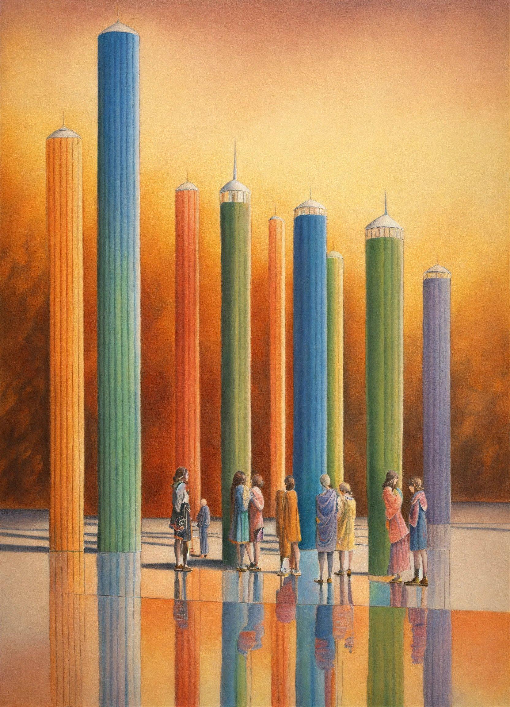 A Painting Of A Group Of People Standing In Front Of Tall Buildings