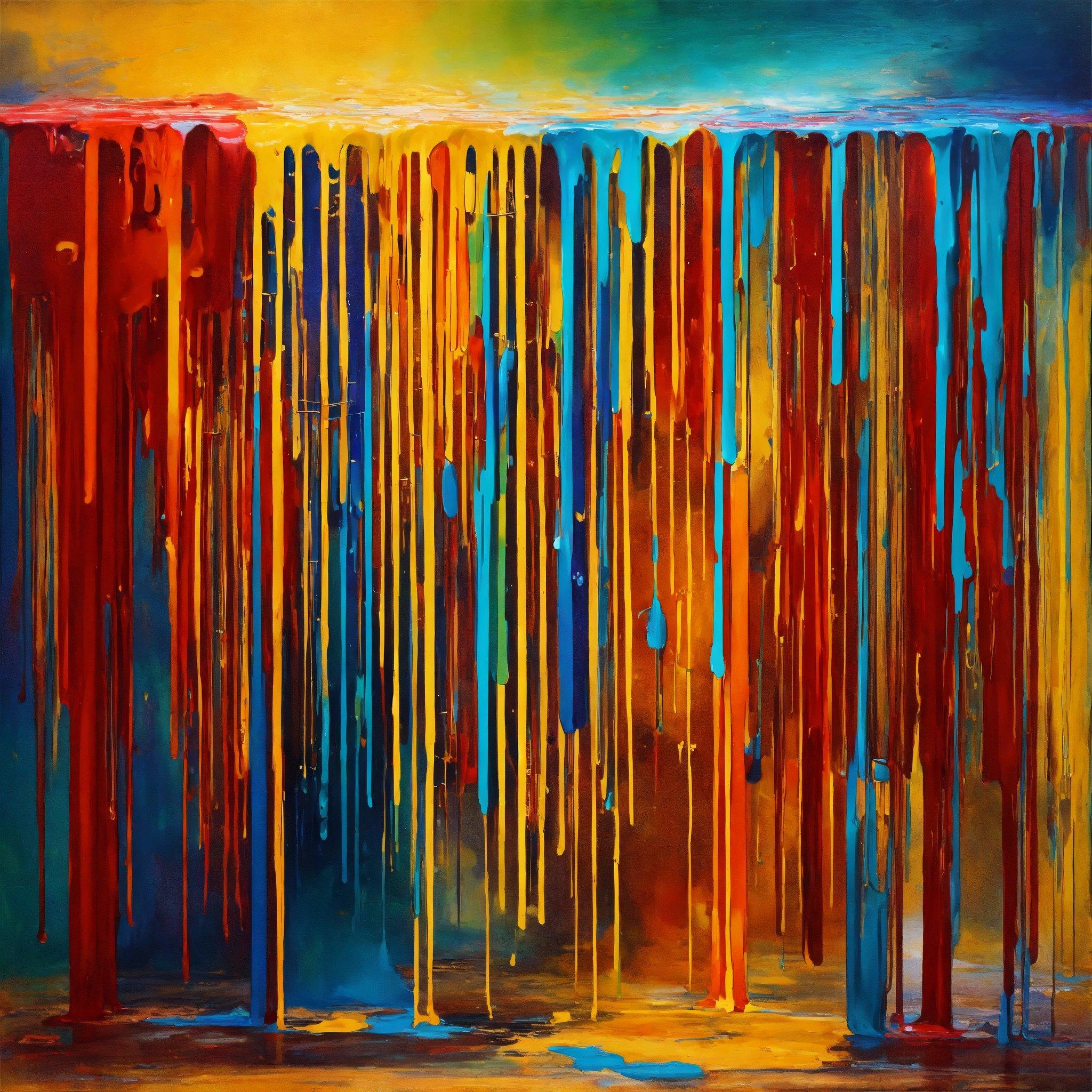 A Painting Of A Group Of Tall Red, Yellow, And Blue Poles