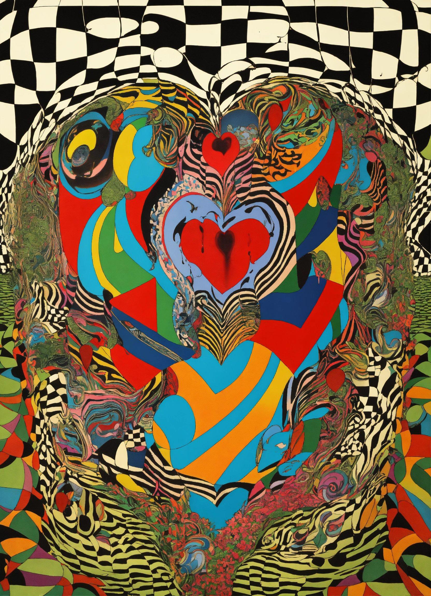 A Painting Of A Heart On A Black And White Checkered Background