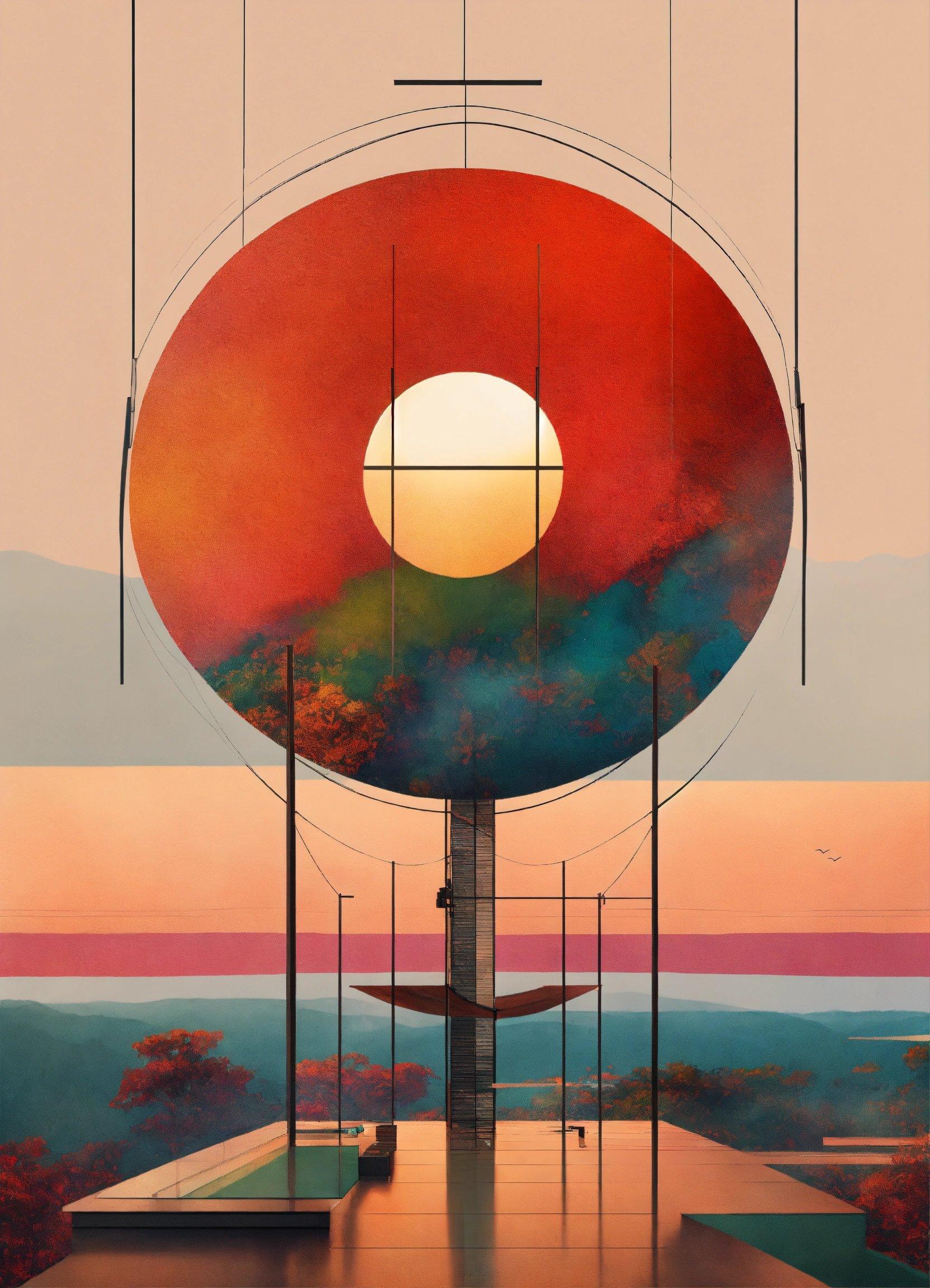 A Painting Of A Large Red Object With A Sunset In The Background