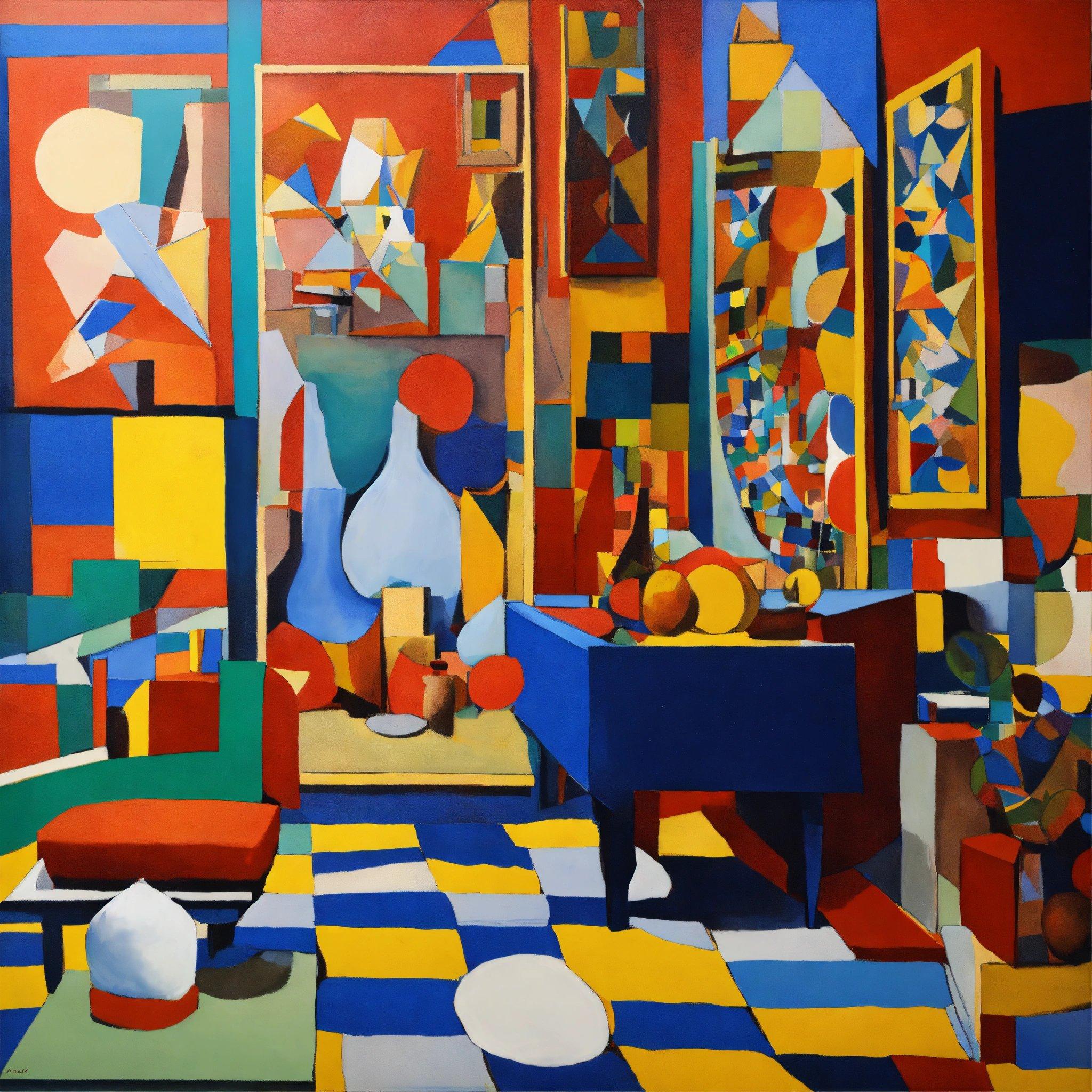 A Painting Of A Living Room With A Checkered Floor