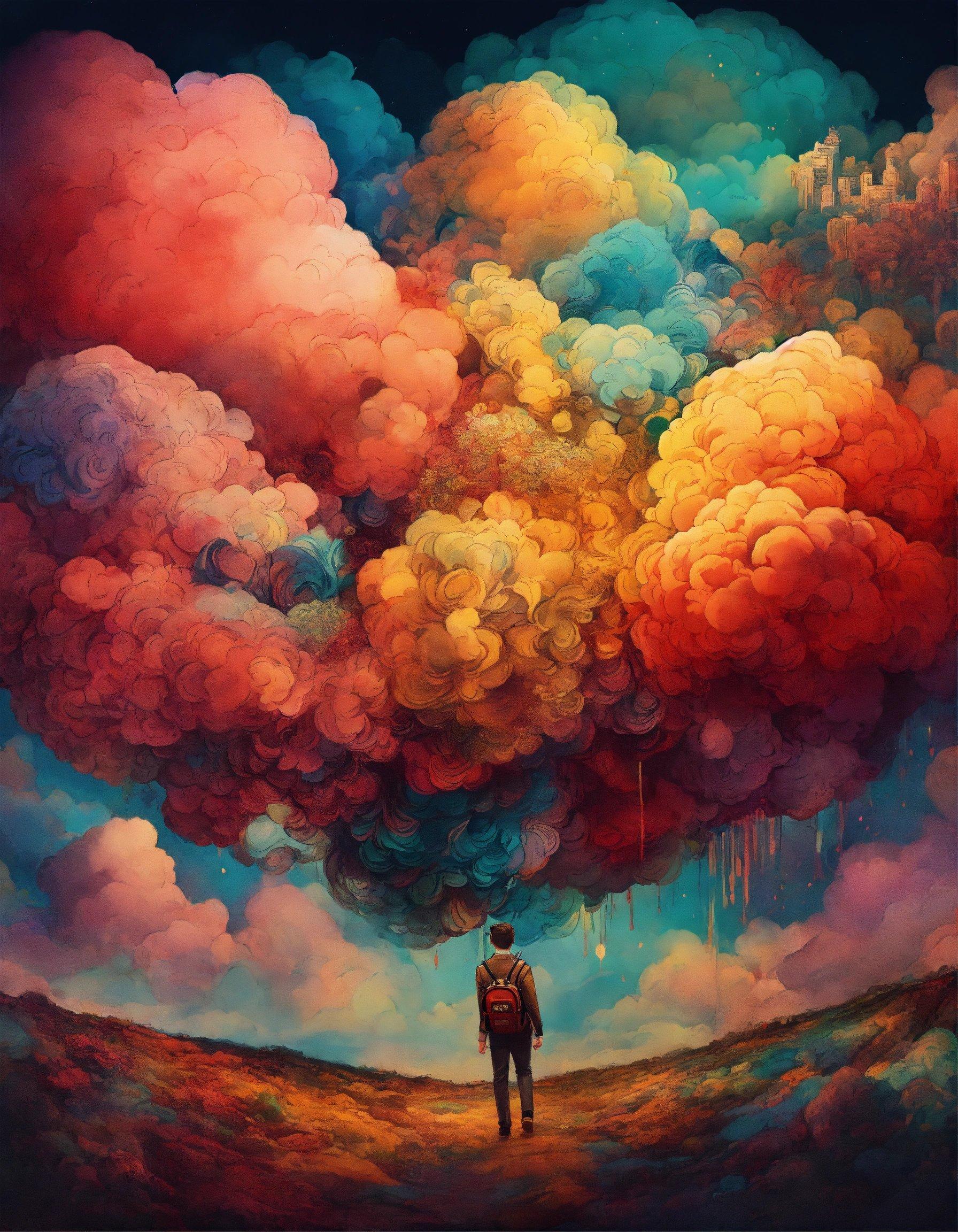 A Painting Of A Man Standing In Front Of A Colorful Cloud