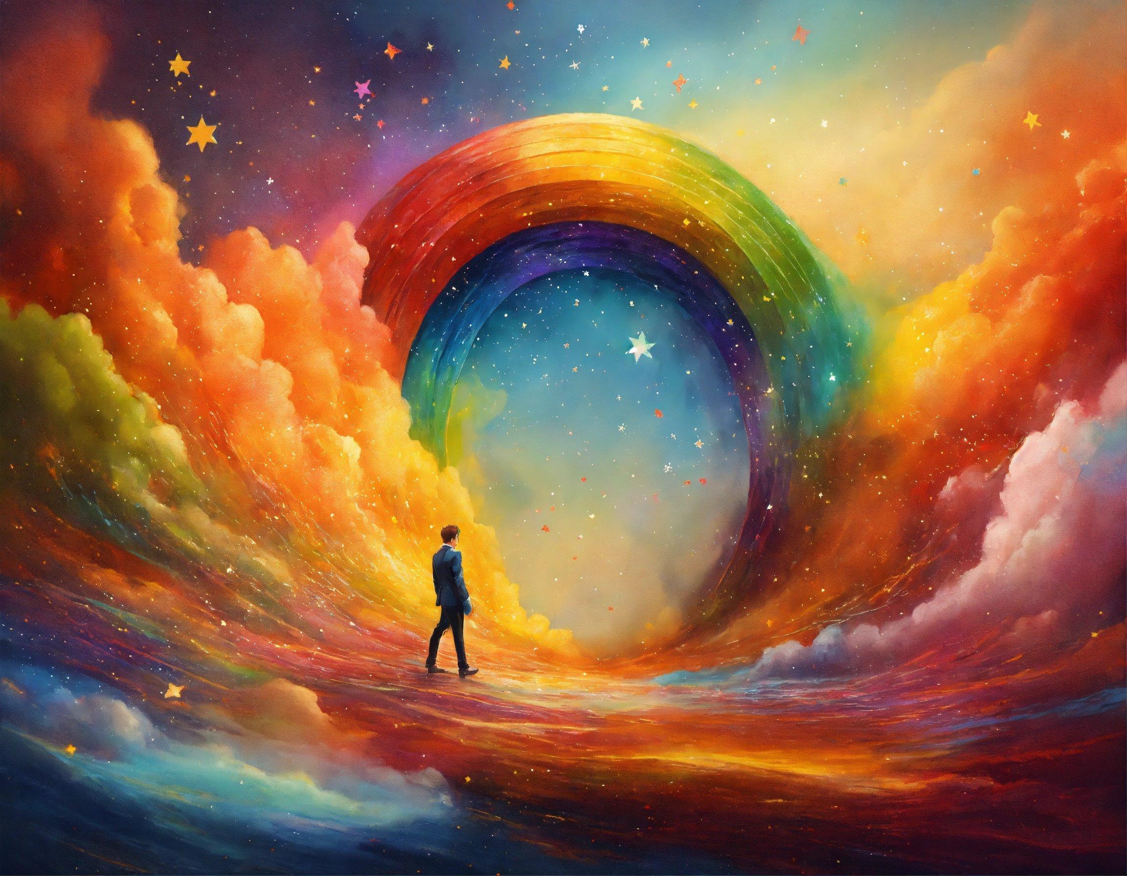 A Painting Of A Man Standing In Front Of A Rainbow