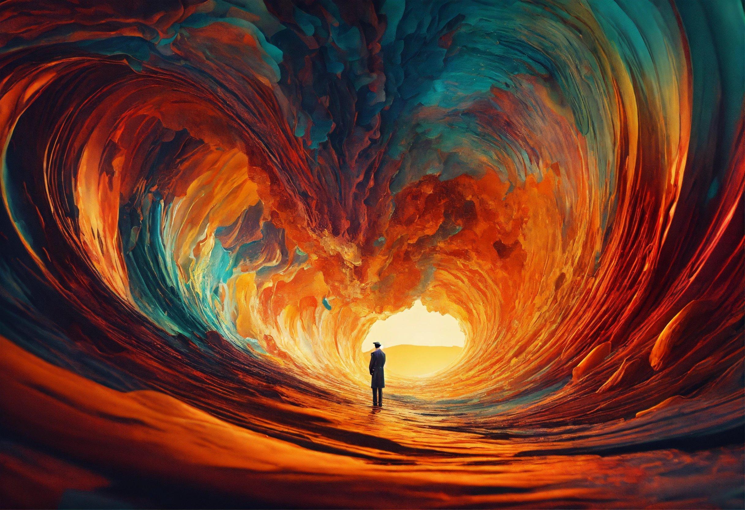 A Painting Of A Man Standing In The Middle Of A Large Wave